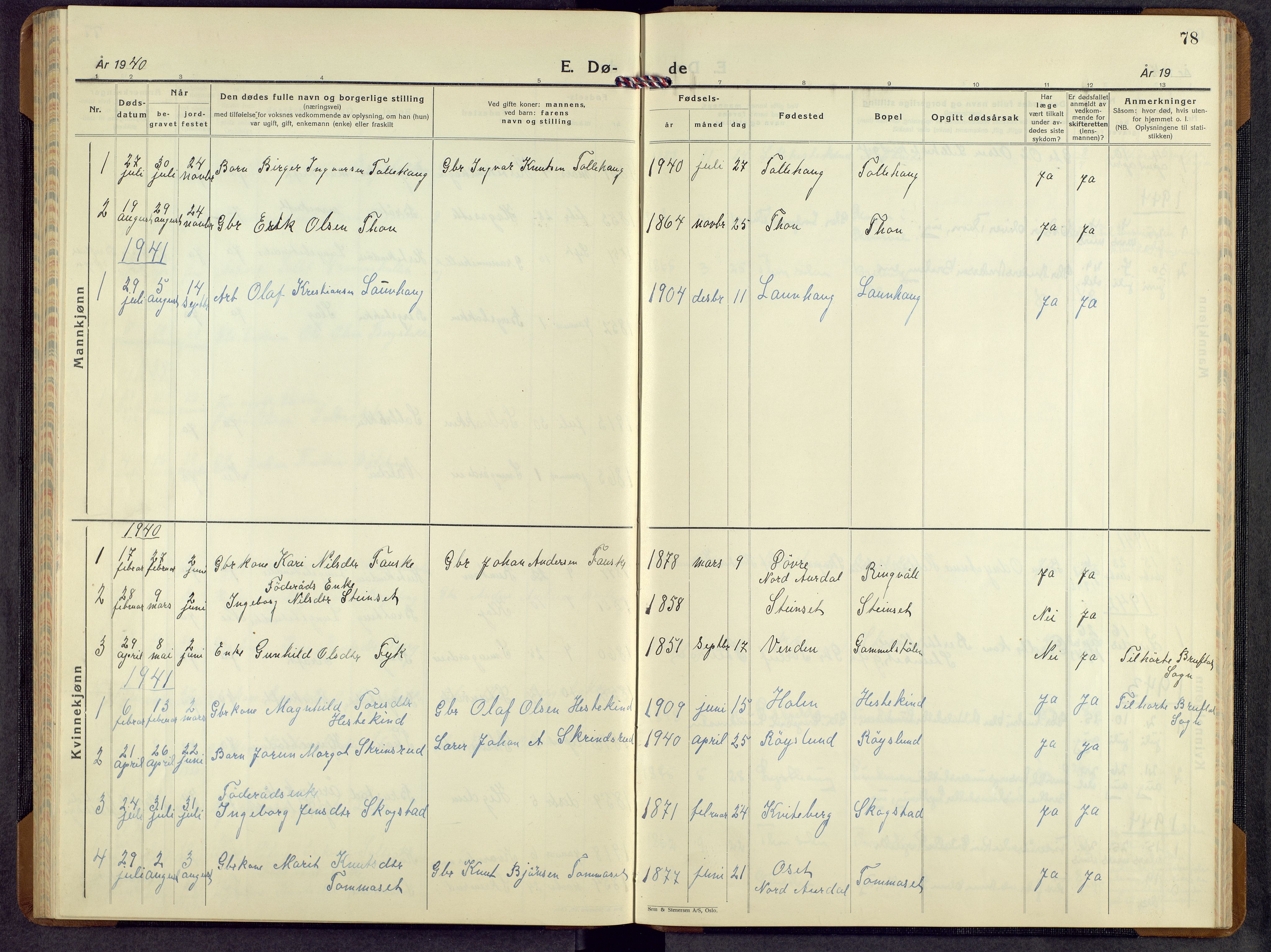 Etnedal prestekontor, SAH/PREST-130/H/Ha/Hab/Habb/L0003: Parish register (copy) no. II 3, 1935-1962, p. 78