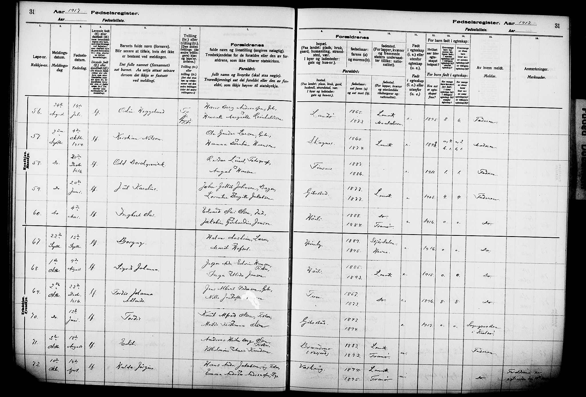 Lenvik sokneprestembete, AV/SATØ-S-1310/I/Ic/L0089: Birth register no. 89, 1916-1926, p. 31