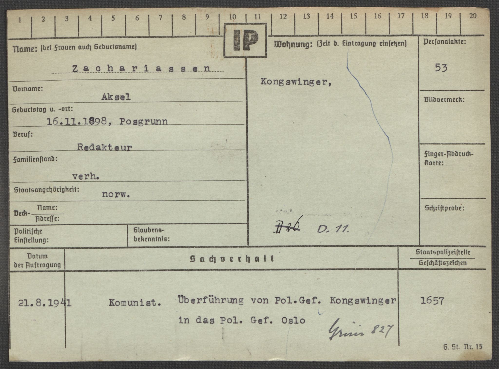 Befehlshaber der Sicherheitspolizei und des SD, AV/RA-RAFA-5969/E/Ea/Eaa/L0010: Register over norske fanger i Møllergata 19: Sø-Å, 1940-1945, p. 1178