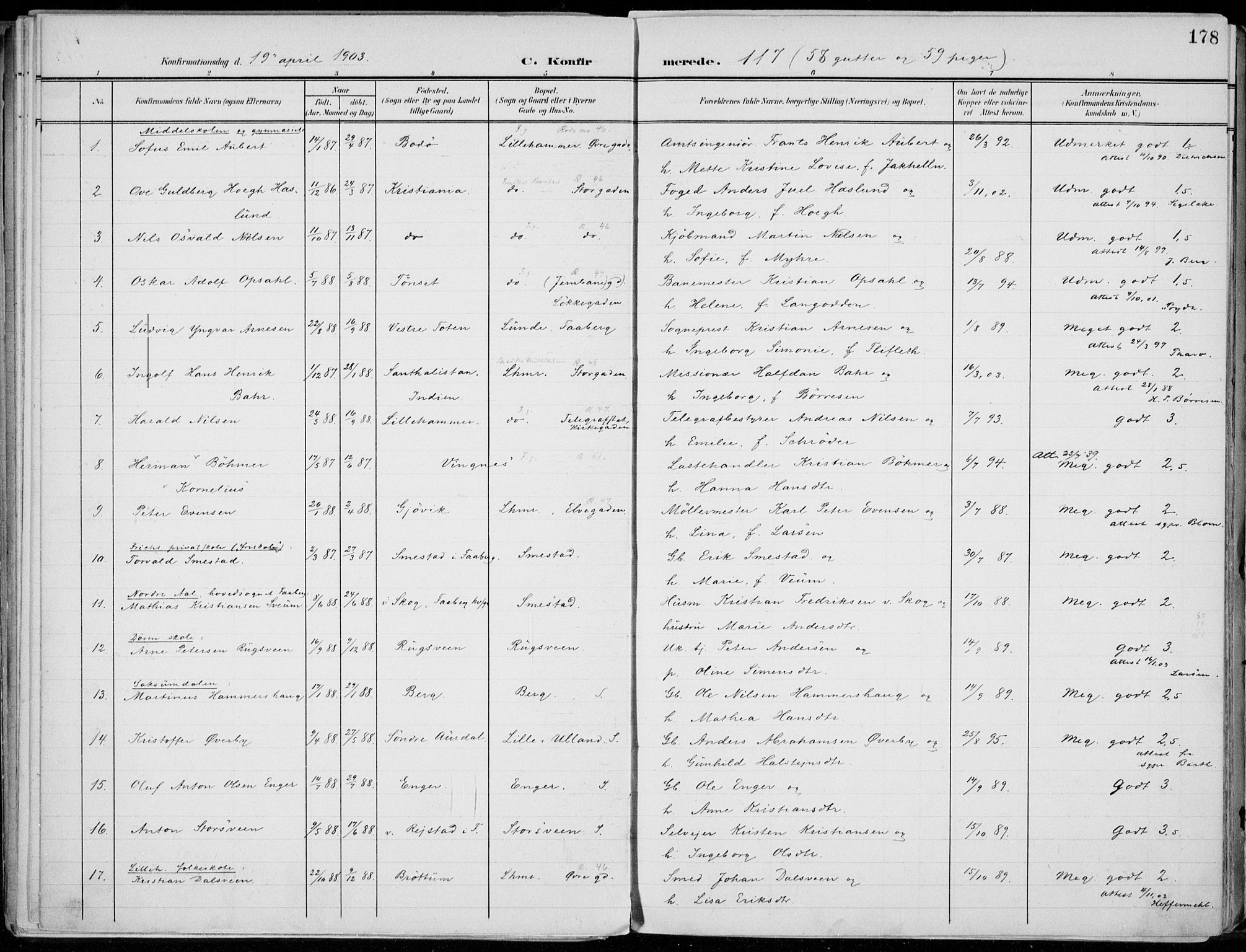Lillehammer prestekontor, SAH/PREST-088/H/Ha/Haa/L0001: Parish register (official) no. 1, 1901-1916, p. 178