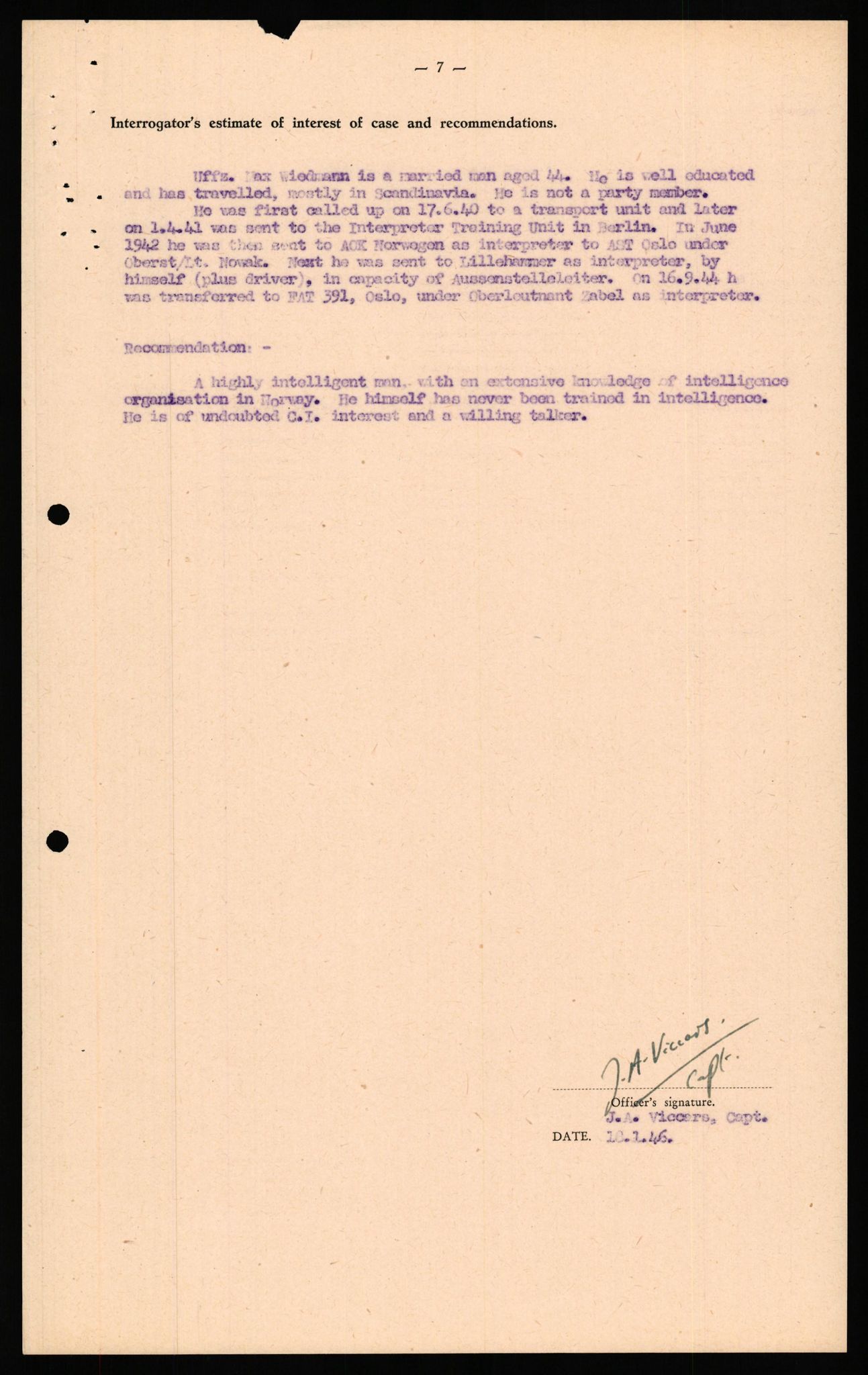 Forsvaret, Forsvarets overkommando II, RA/RAFA-3915/D/Db/L0035: CI Questionaires. Tyske okkupasjonsstyrker i Norge. Tyskere., 1945-1946, p. 504