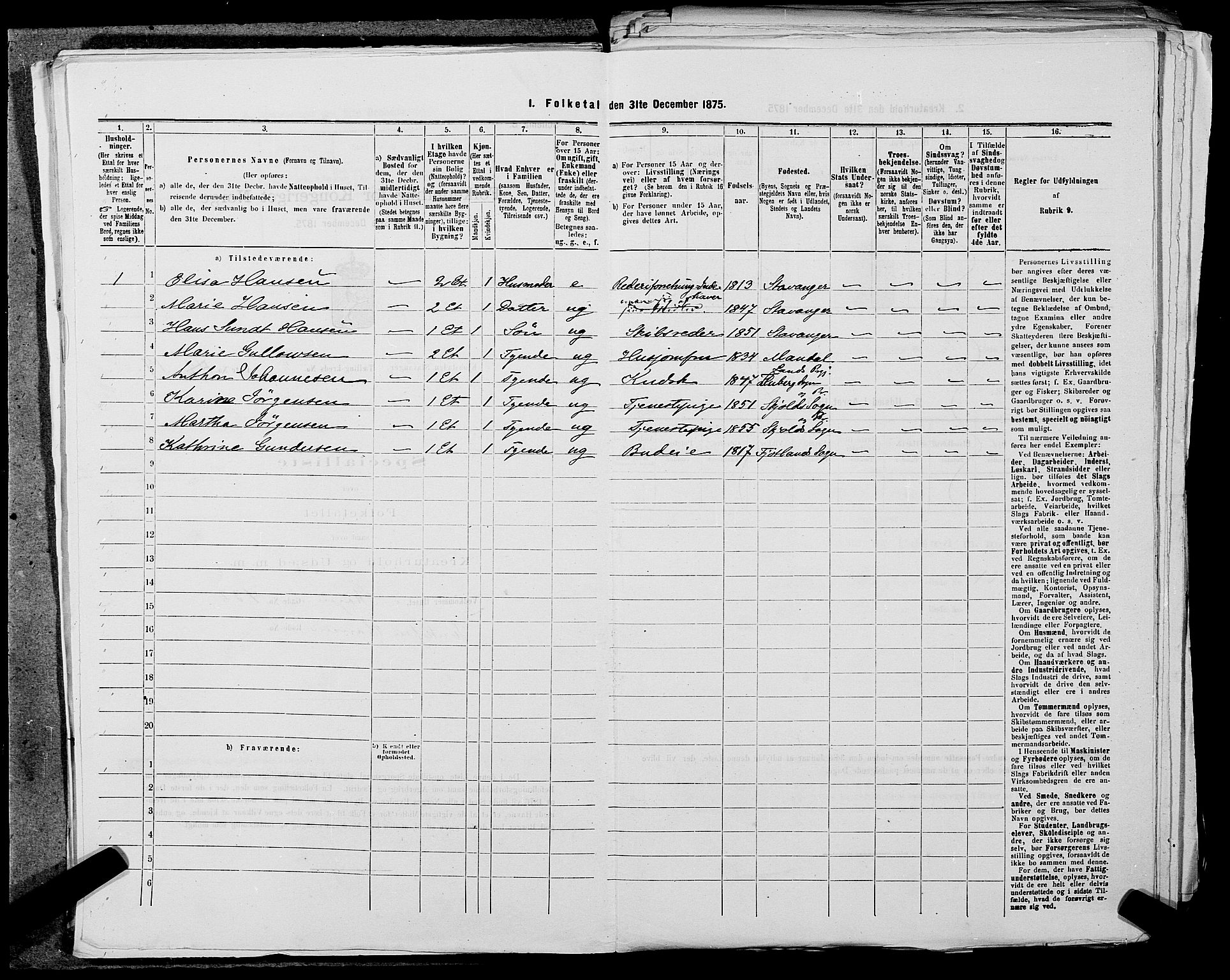 SAST, 1875 census for 1103 Stavanger, 1875, p. 253