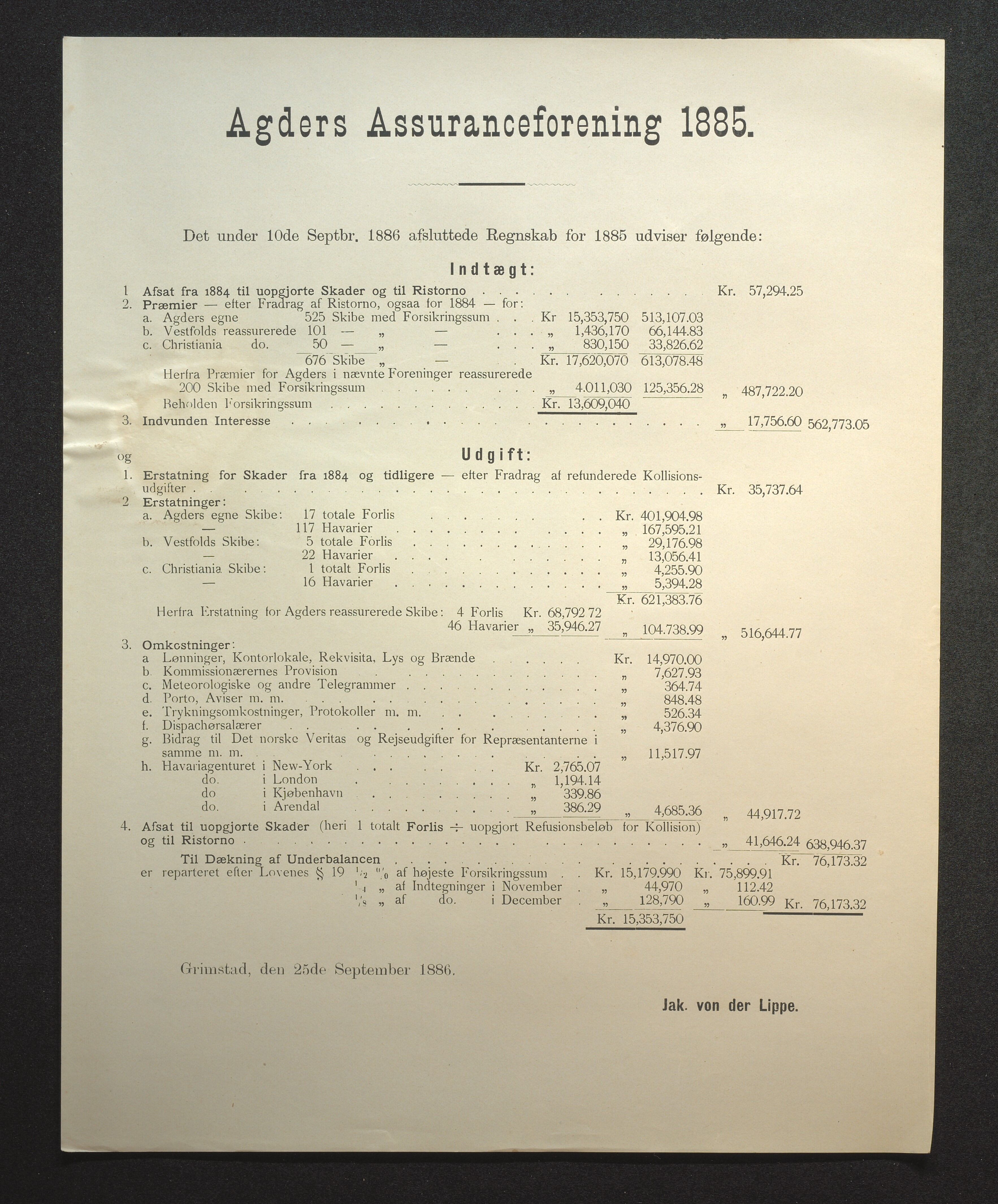 Agders Gjensidige Assuranceforening, AAKS/PA-1718/05/L0002: Regnskap, seilavdeling, pakkesak, 1881-1889