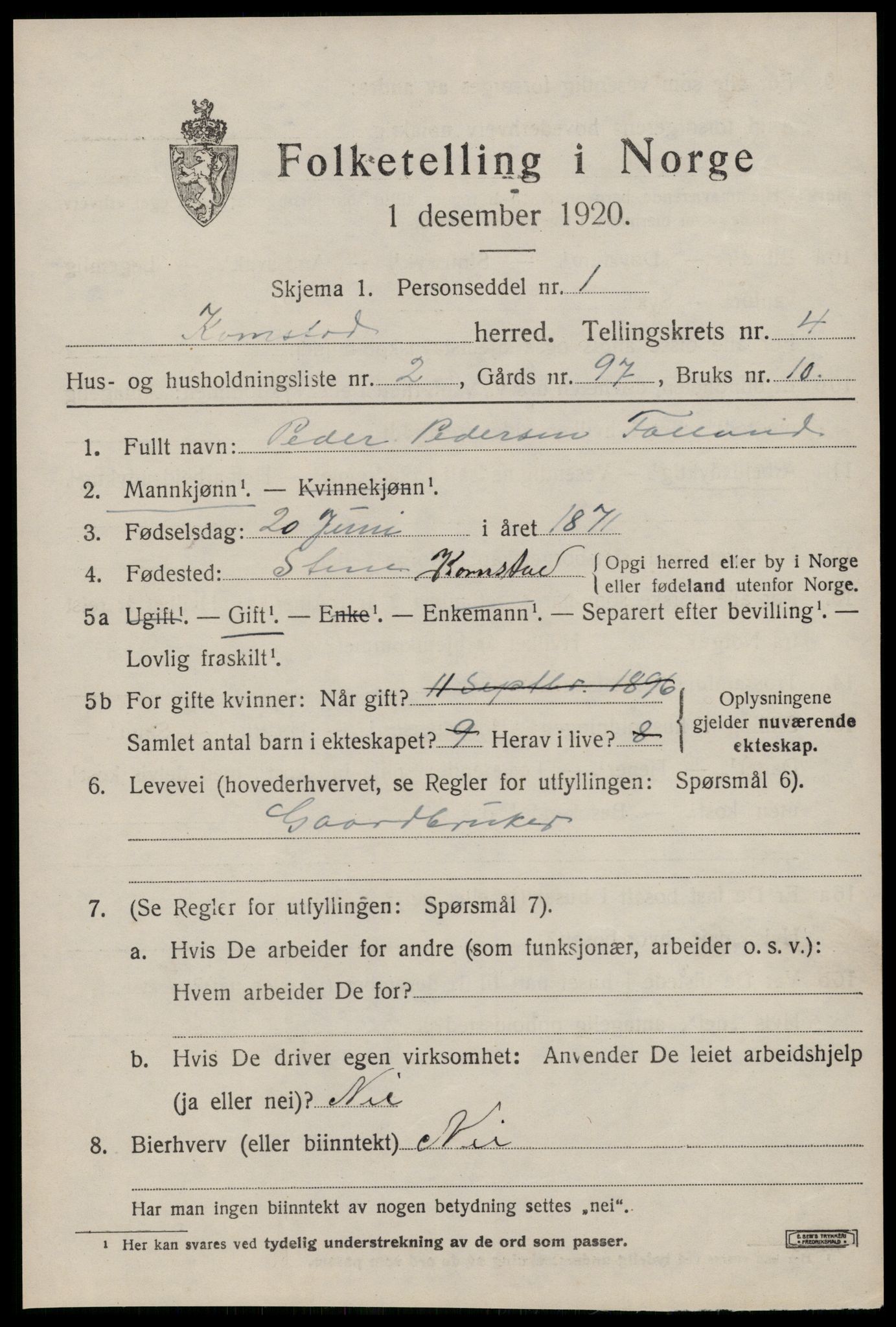 SAT, 1920 census for Kornstad, 1920, p. 2509