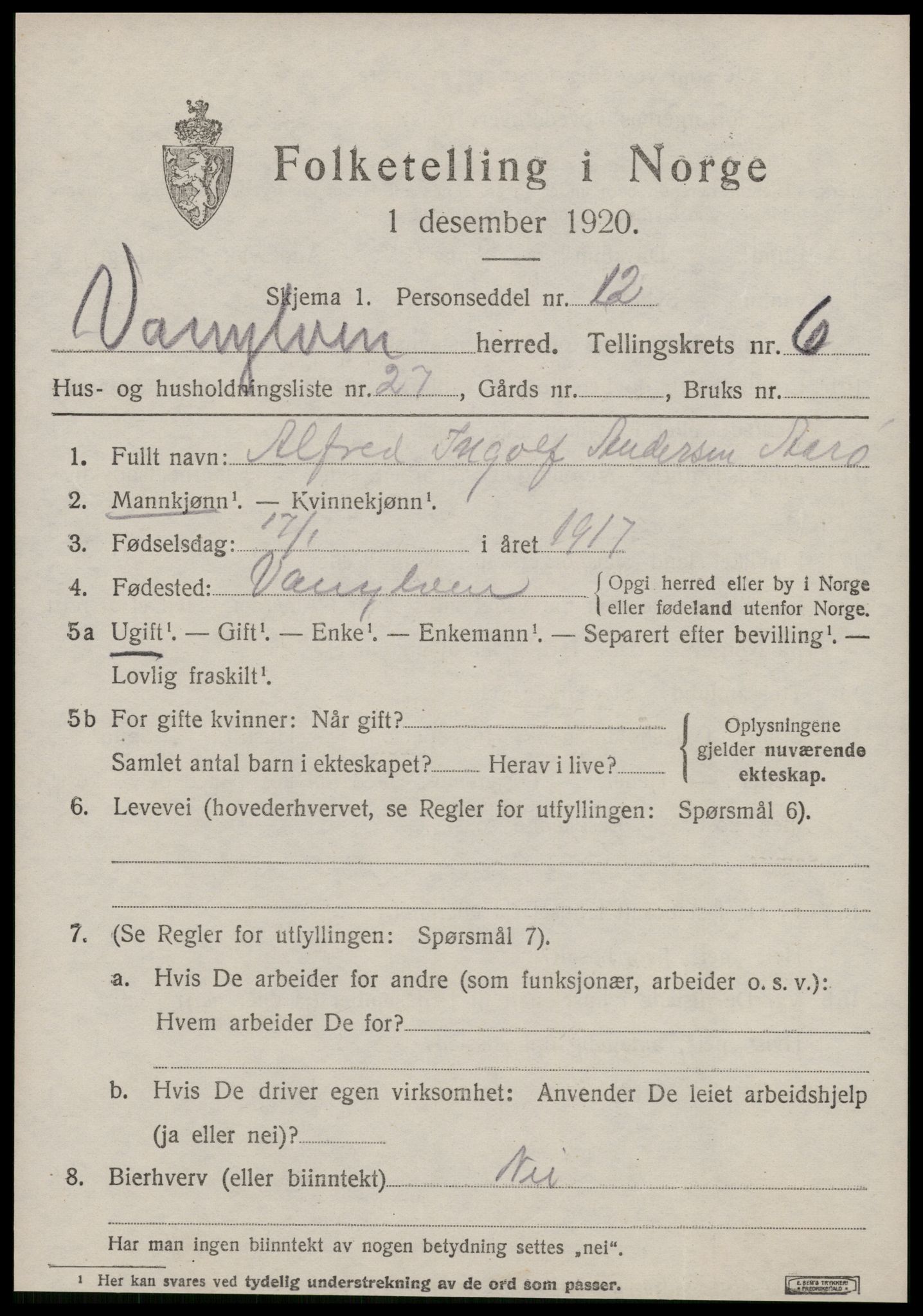 SAT, 1920 census for Vanylven, 1920, p. 3689