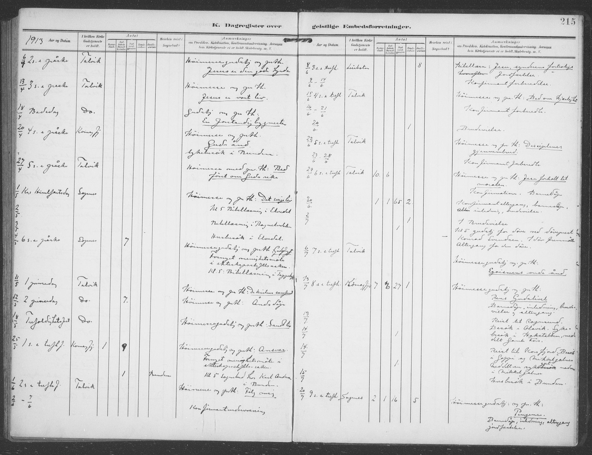 Talvik sokneprestkontor, AV/SATØ-S-1337/H/Ha/L0017kirke: Parish register (official) no. 17, 1906-1915, p. 215