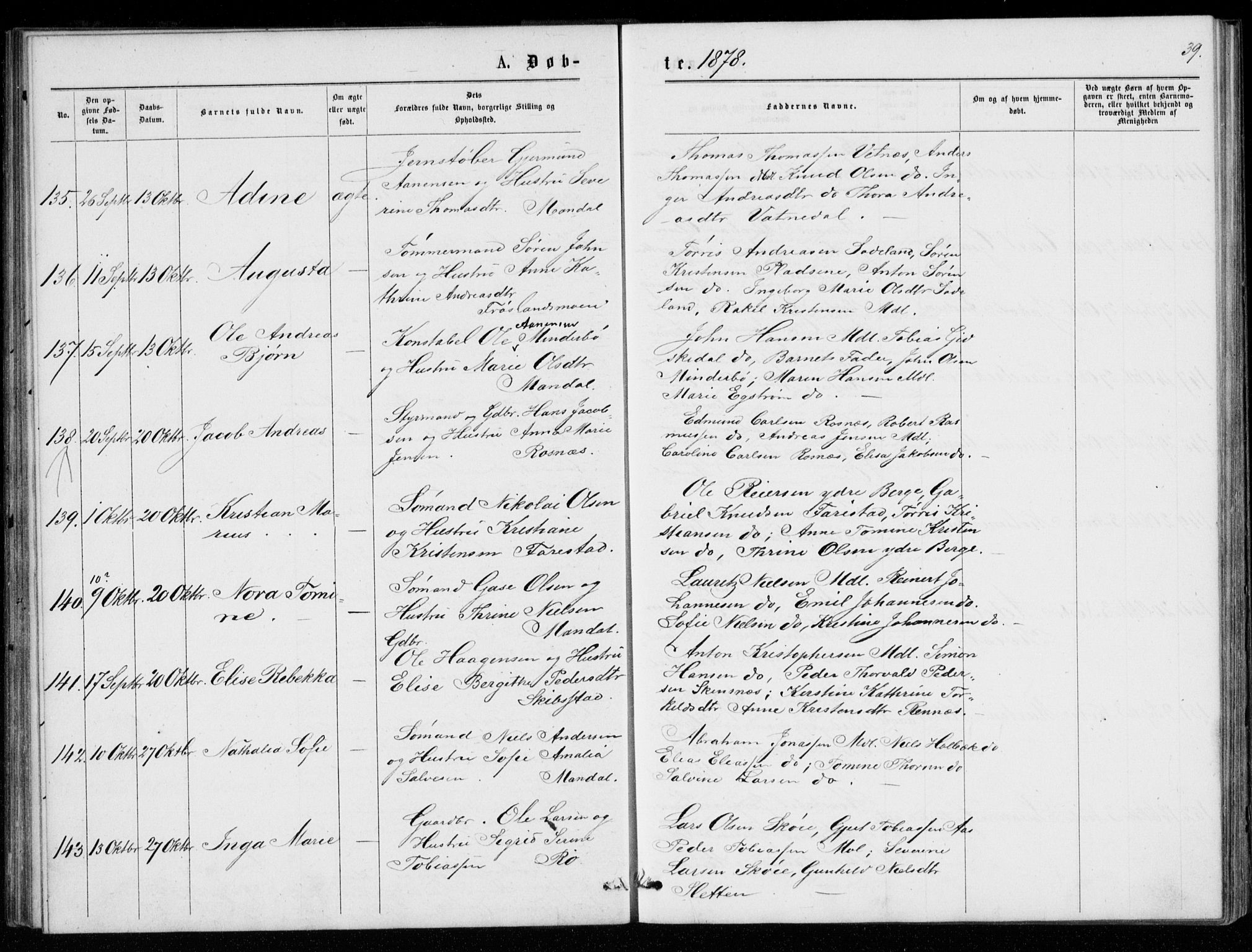 Mandal sokneprestkontor, AV/SAK-1111-0030/F/Fb/Fba/L0010: Parish register (copy) no. B 4, 1876-1880, p. 39