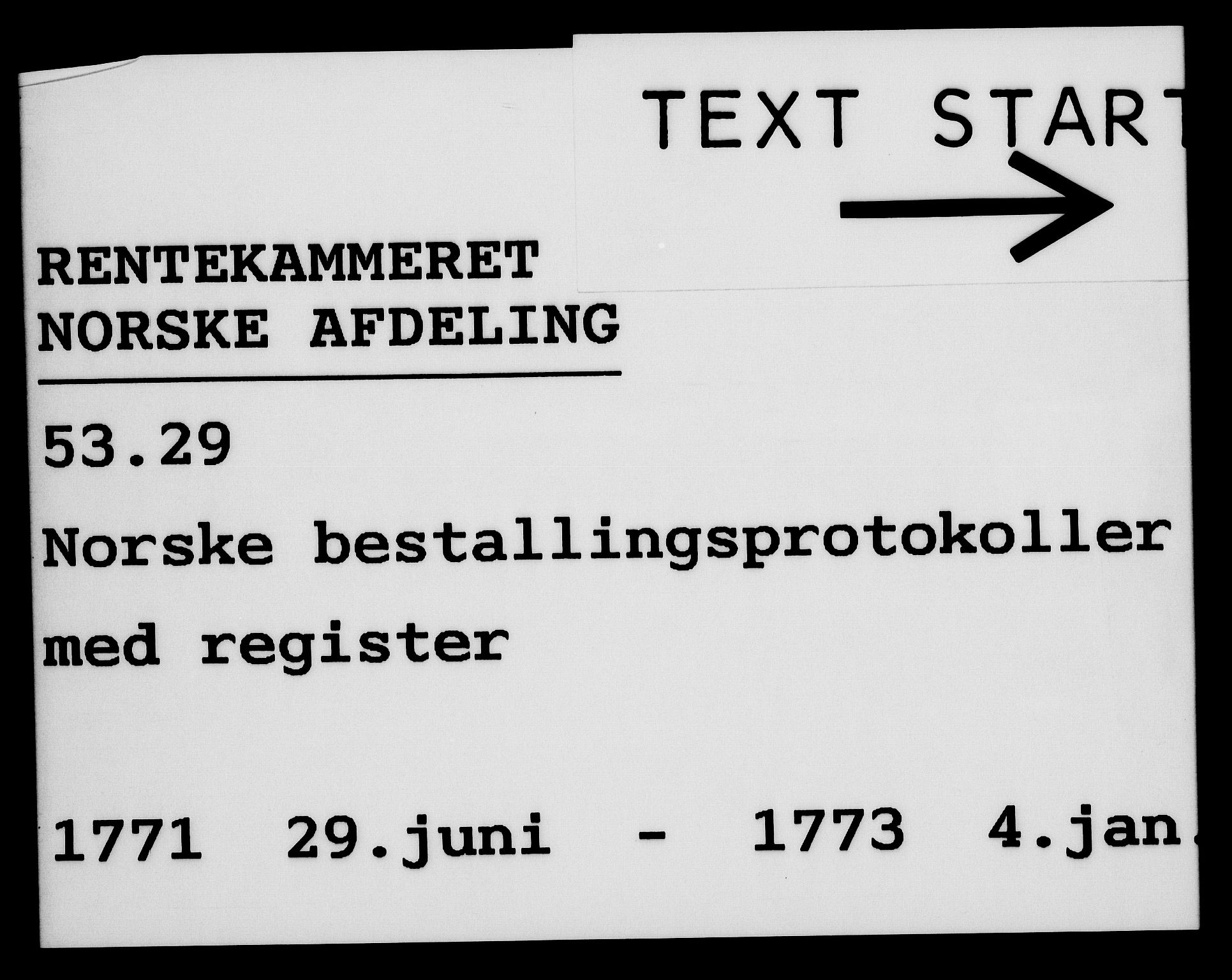 Rentekammeret, Kammerkanselliet, RA/EA-3111/G/Gg/Gge/L0005: Norsk bestallingsprotokoll med register (merket RK 53.29), 1771-1773