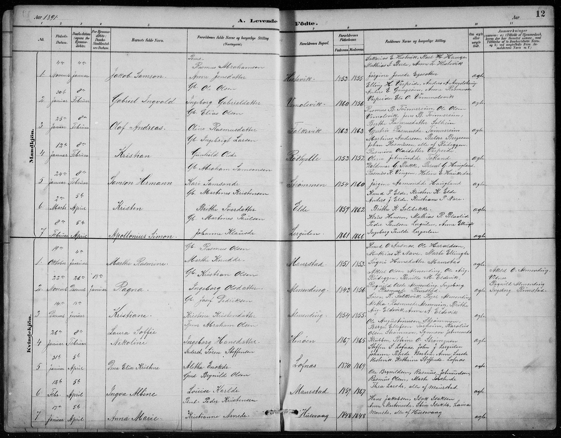 Davik sokneprestembete, AV/SAB-A-79701/H/Hab/Habc/L0002: Parish register (copy) no. C 2, 1889-1906, p. 12