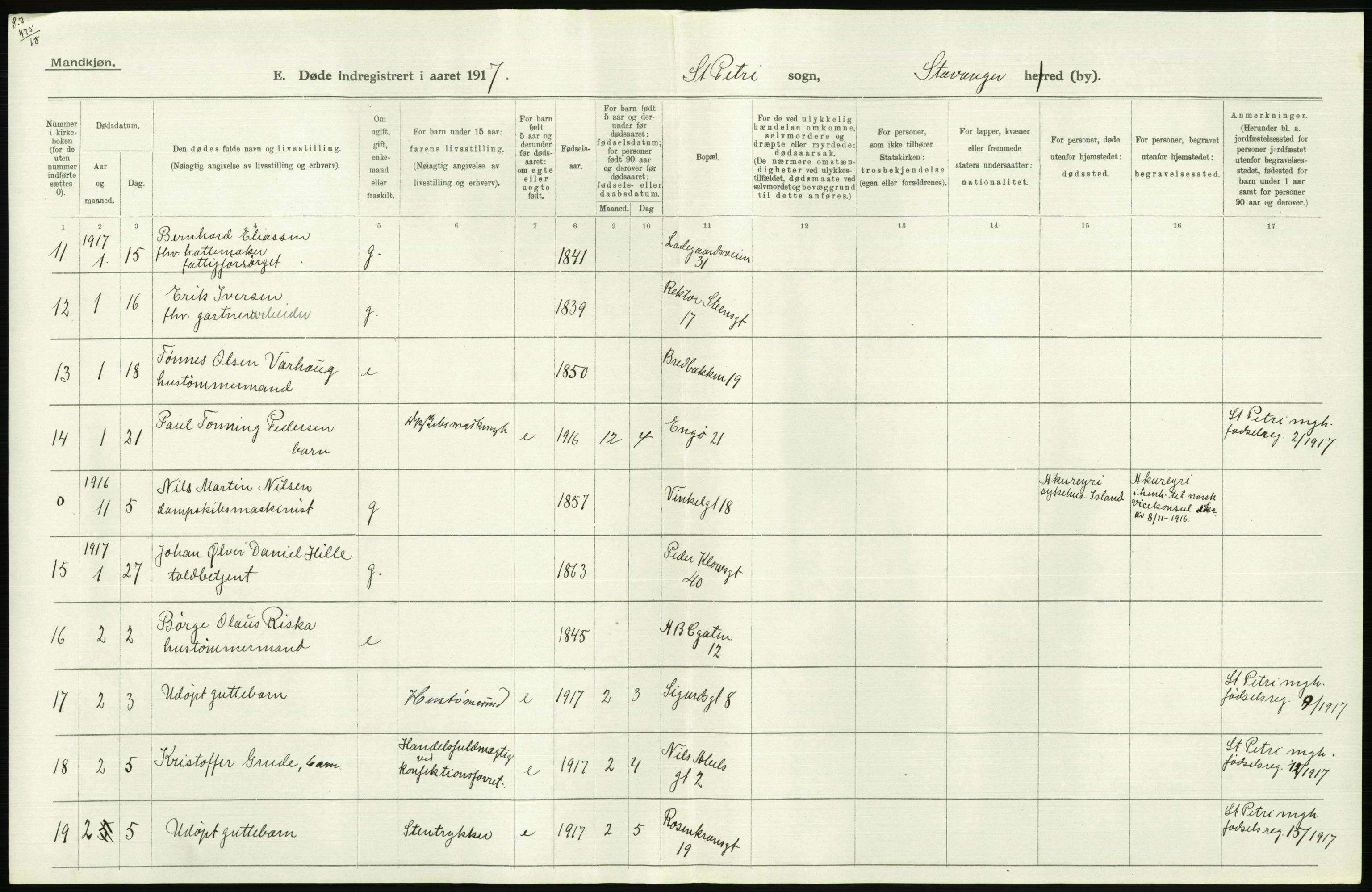 Statistisk sentralbyrå, Sosiodemografiske emner, Befolkning, RA/S-2228/D/Df/Dfb/Dfbg/L0033: Stavanger amt: Døde, dødfødte. Bygder og byer., 1917, p. 612