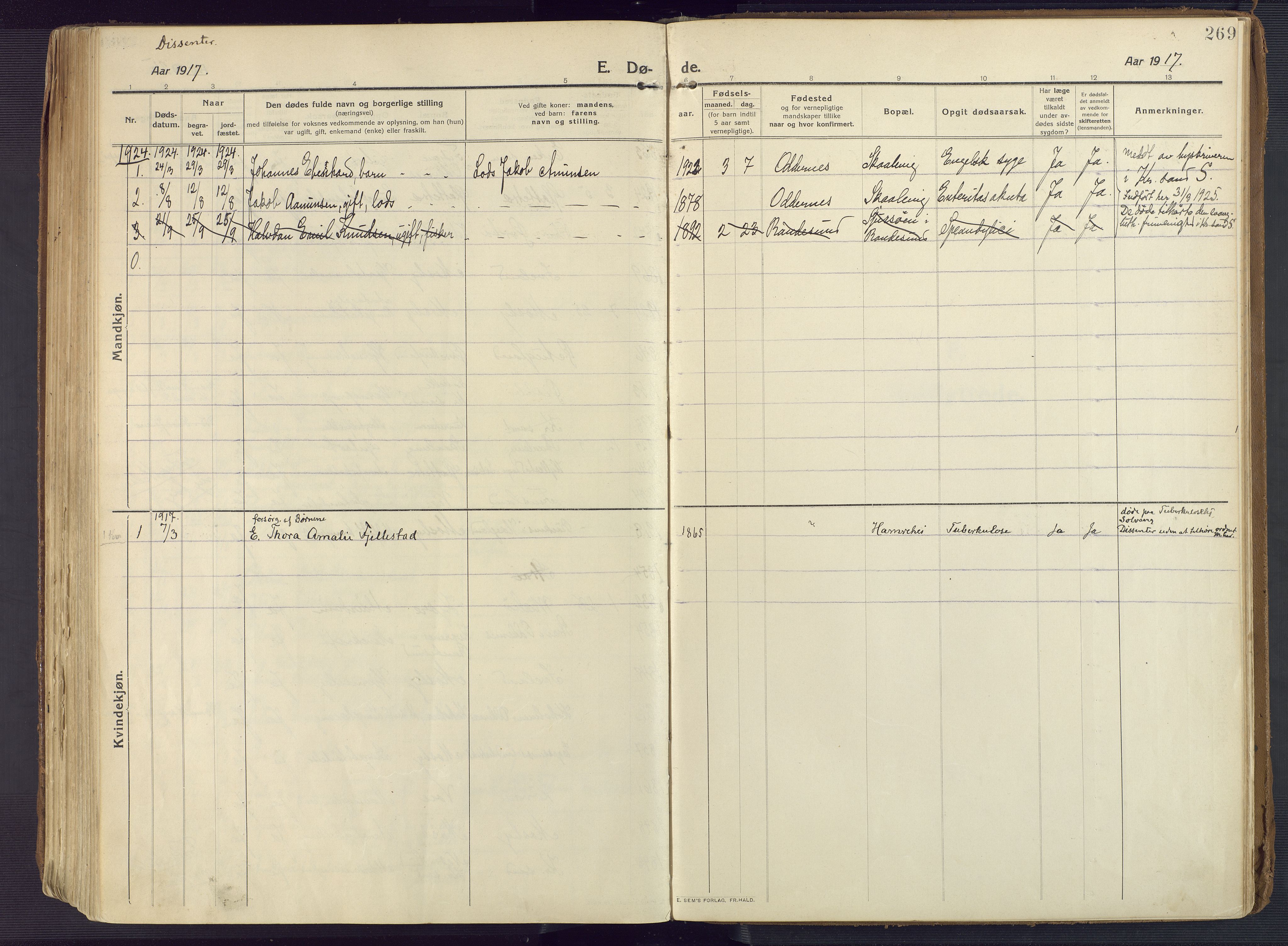 Oddernes sokneprestkontor, SAK/1111-0033/F/Fa/Faa/L0012: Parish register (official) no. A 12, 1912-1925, p. 269