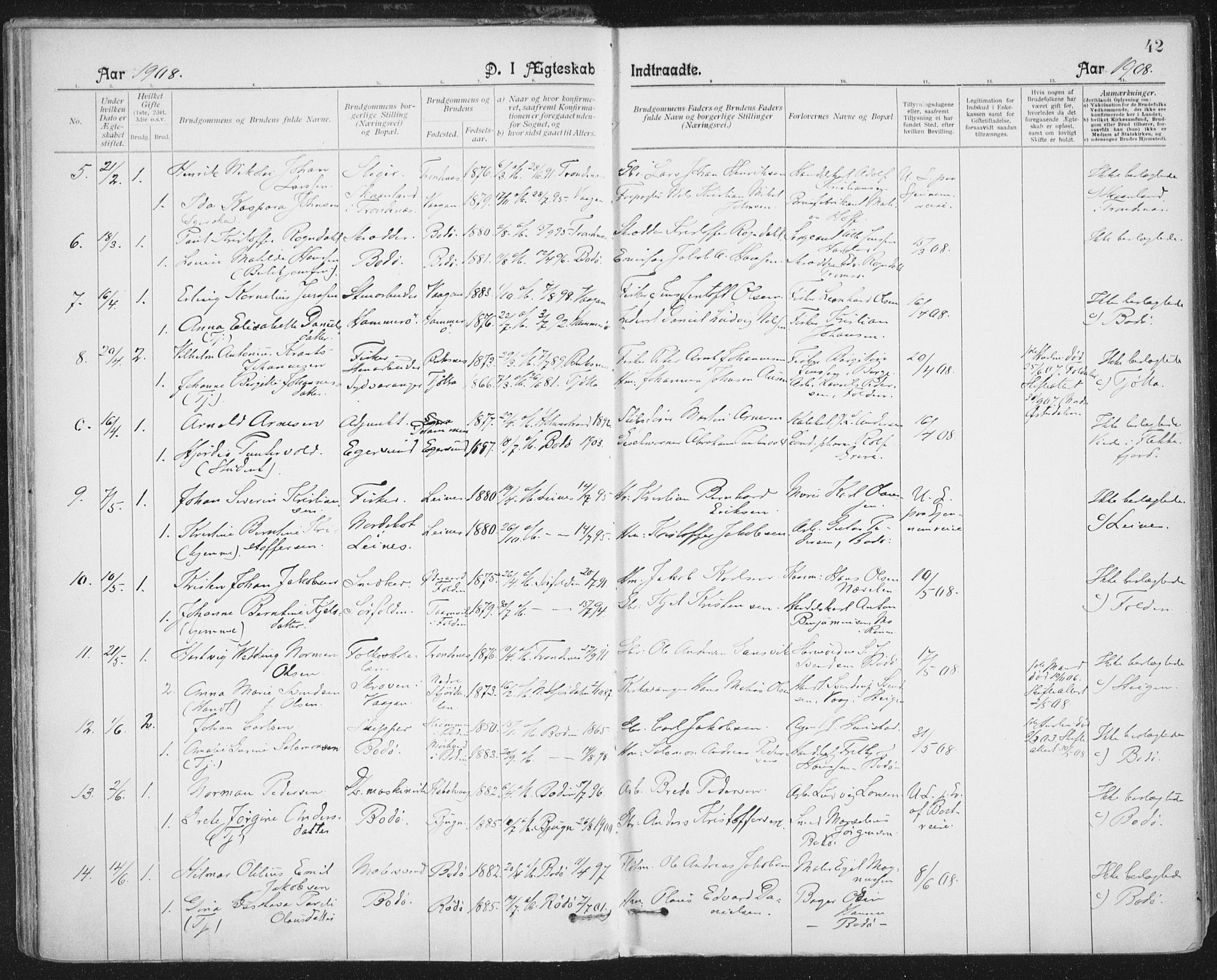 Ministerialprotokoller, klokkerbøker og fødselsregistre - Nordland, AV/SAT-A-1459/801/L0012: Parish register (official) no. 801A12, 1900-1916, p. 42