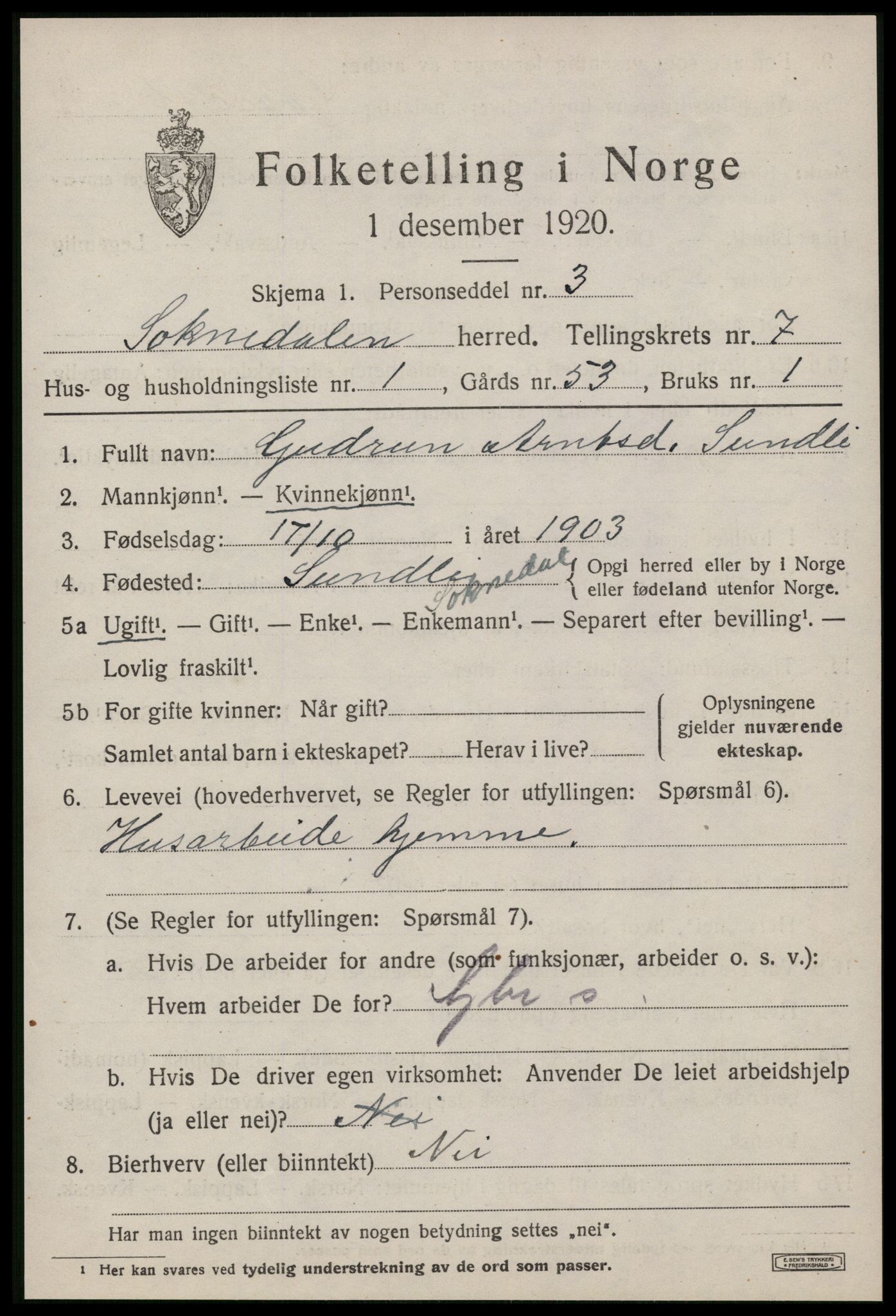 SAT, 1920 census for Soknedal, 1920, p. 3450