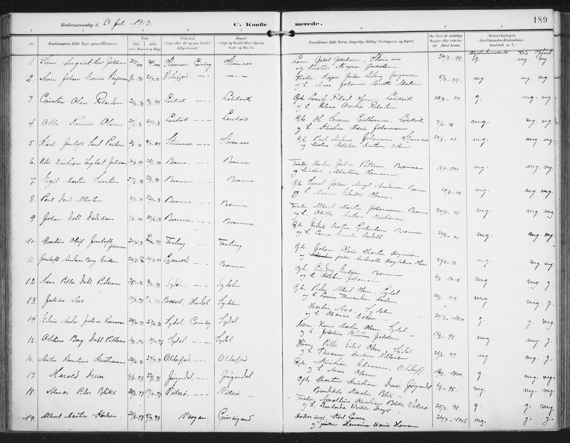 Ministerialprotokoller, klokkerbøker og fødselsregistre - Nordland, SAT/A-1459/876/L1098: Parish register (official) no. 876A04, 1896-1915, p. 189