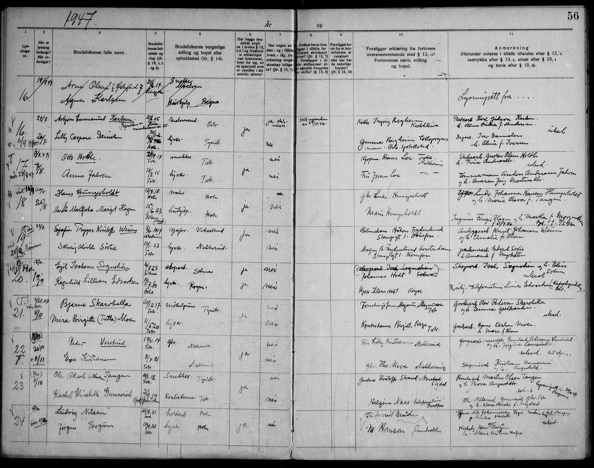 Hole kirkebøker, AV/SAKO-A-228/H/Ha/L0004: Banns register no. 4, 1919-1960, p. 56