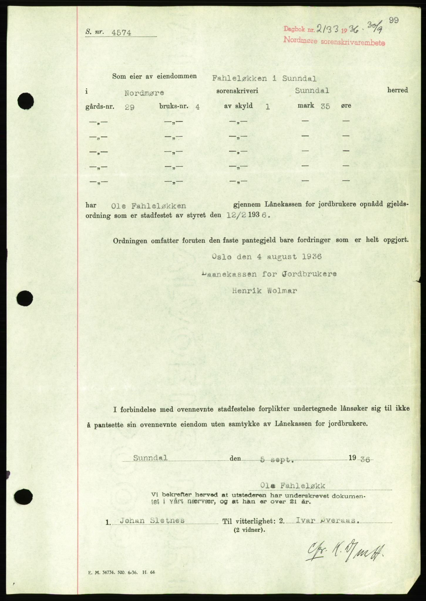 Nordmøre sorenskriveri, AV/SAT-A-4132/1/2/2Ca/L0090: Mortgage book no. B80, 1936-1937, Diary no: : 2133/1936