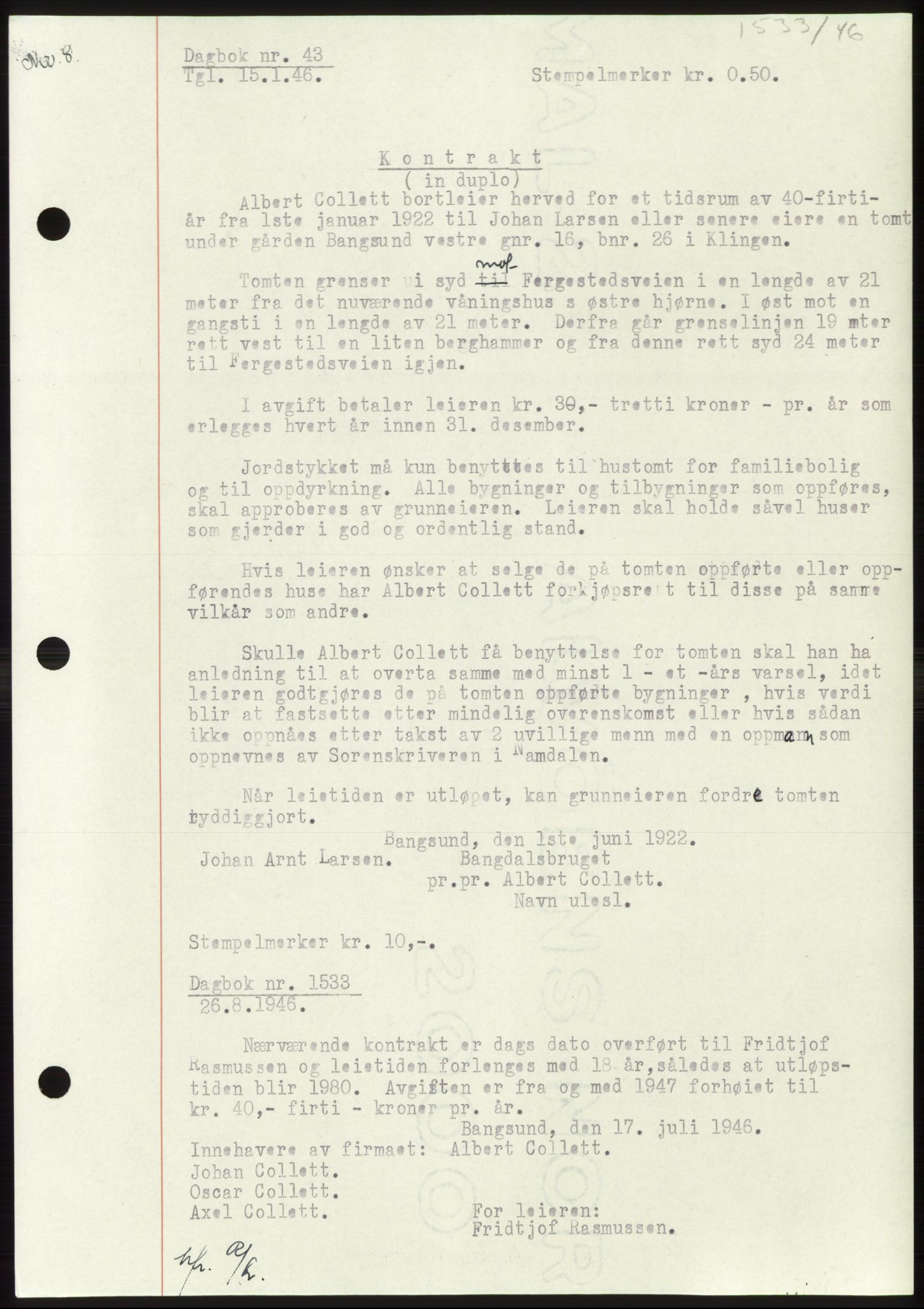 Namdal sorenskriveri, AV/SAT-A-4133/1/2/2C: Mortgage book no. -, 1946-1946, Diary no: : 43/1946