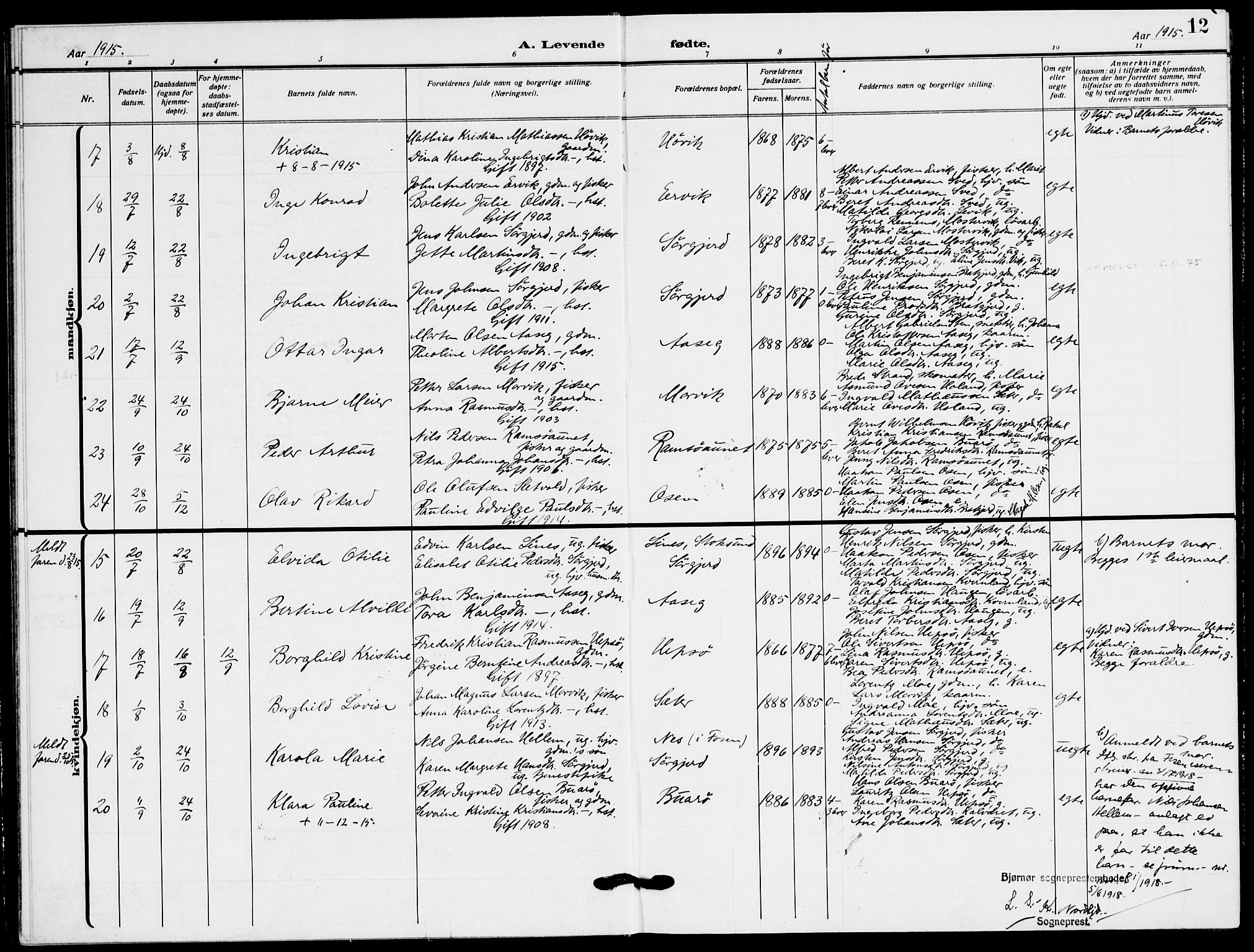Ministerialprotokoller, klokkerbøker og fødselsregistre - Sør-Trøndelag, SAT/A-1456/658/L0724: Parish register (official) no. 658A03, 1912-1924, p. 12