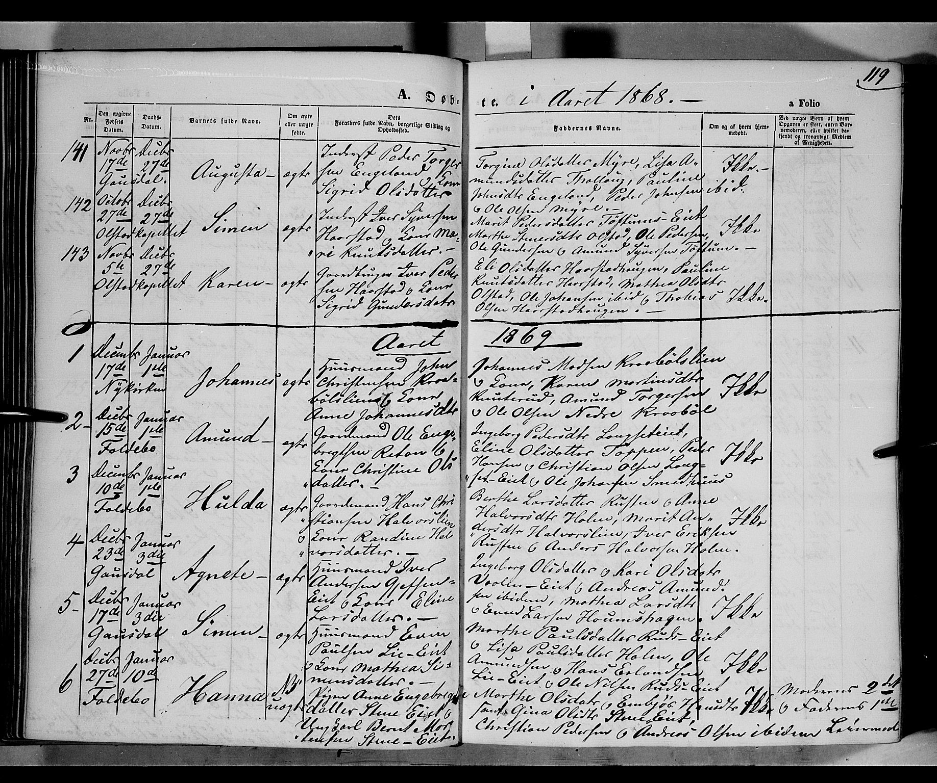 Gausdal prestekontor, SAH/PREST-090/H/Ha/Haa/L0009: Parish register (official) no. 9, 1862-1873, p. 119