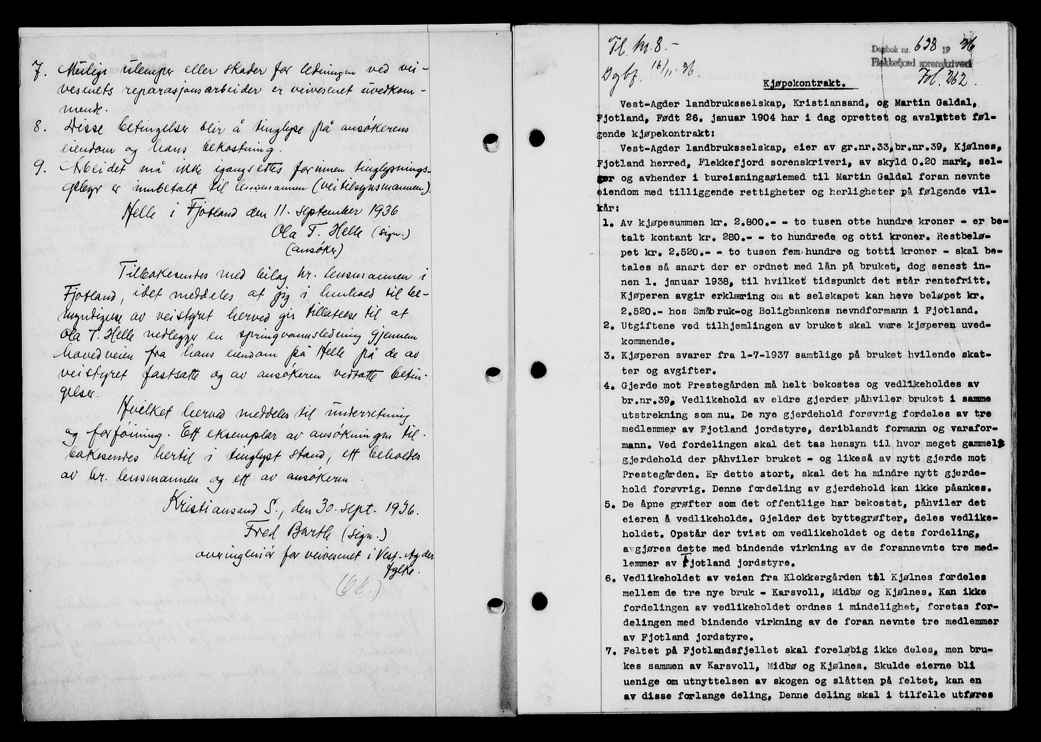 Flekkefjord sorenskriveri, SAK/1221-0001/G/Gb/Gba/L0053: Mortgage book no. A-1, 1936-1937, Diary no: : 638/1936