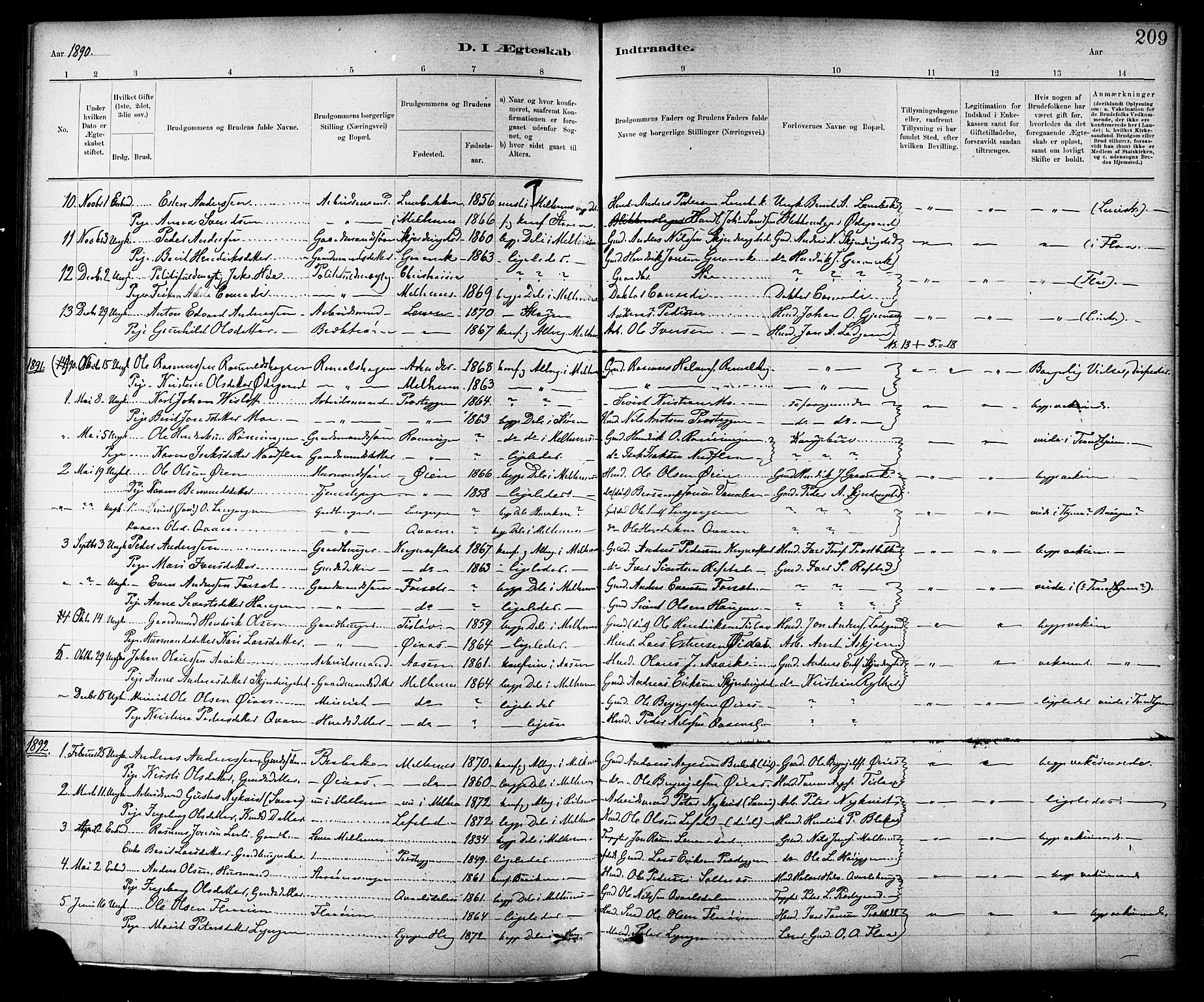 Ministerialprotokoller, klokkerbøker og fødselsregistre - Sør-Trøndelag, SAT/A-1456/691/L1094: Parish register (copy) no. 691C05, 1879-1911, p. 209