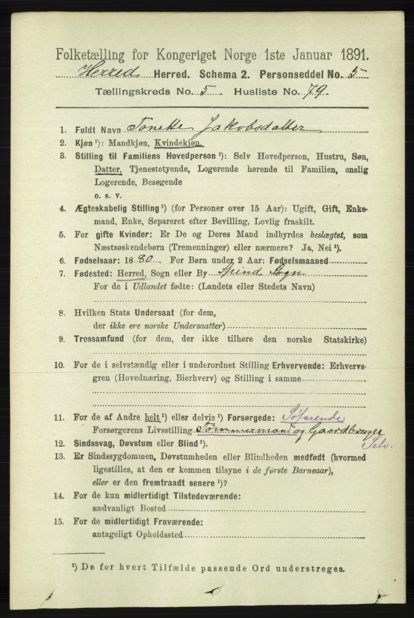 RA, 1891 census for 1039 Herad, 1891, p. 2222