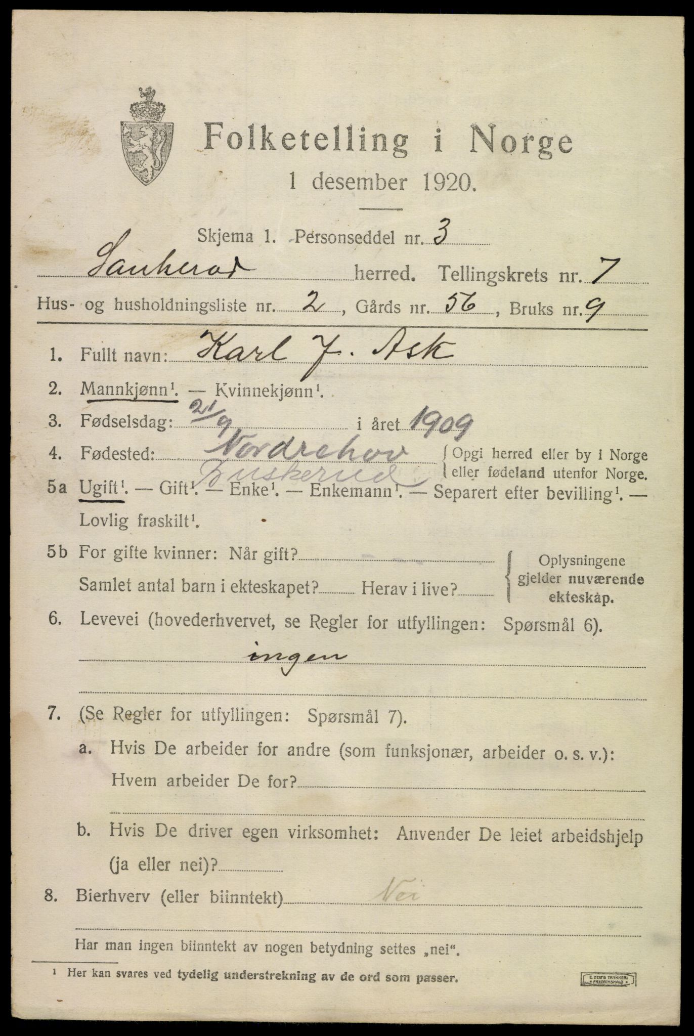 SAKO, 1920 census for Sauherad, 1920, p. 5615