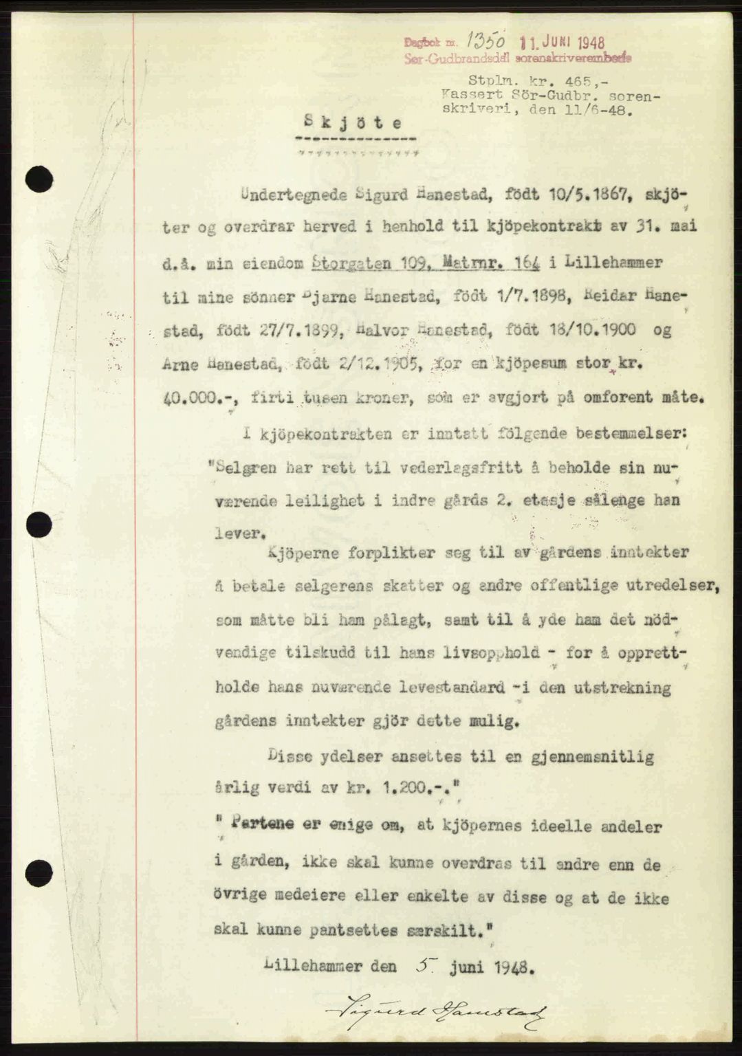 Sør-Gudbrandsdal tingrett, SAH/TING-004/H/Hb/Hbd/L0022: Mortgage book no. A22, 1948-1948, Diary no: : 1350/1948