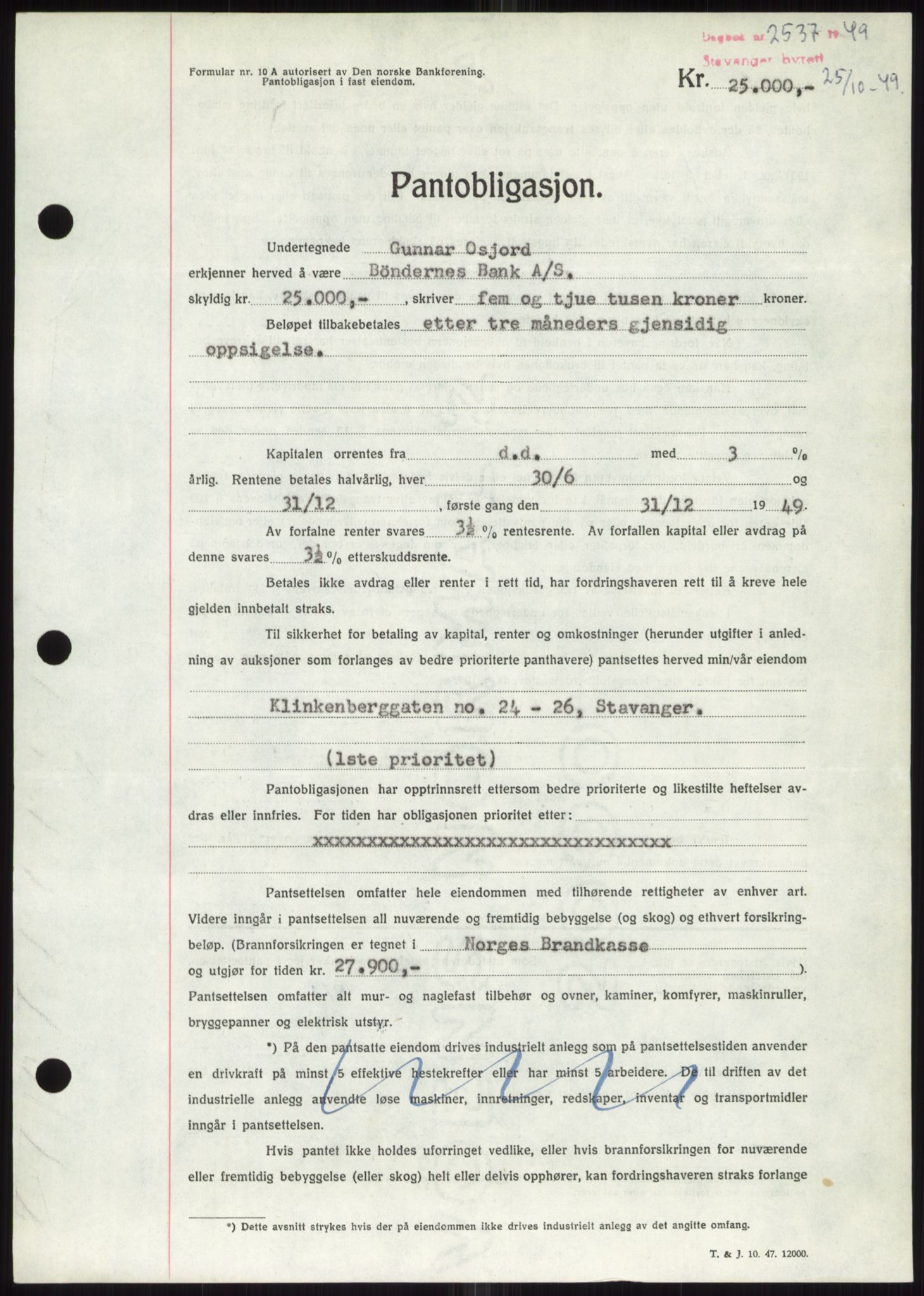 Stavanger byrett, SAST/A-100455/002/G/Gb/L0032: Mortgage book, 1947-1950, Diary no: : 2537/1949