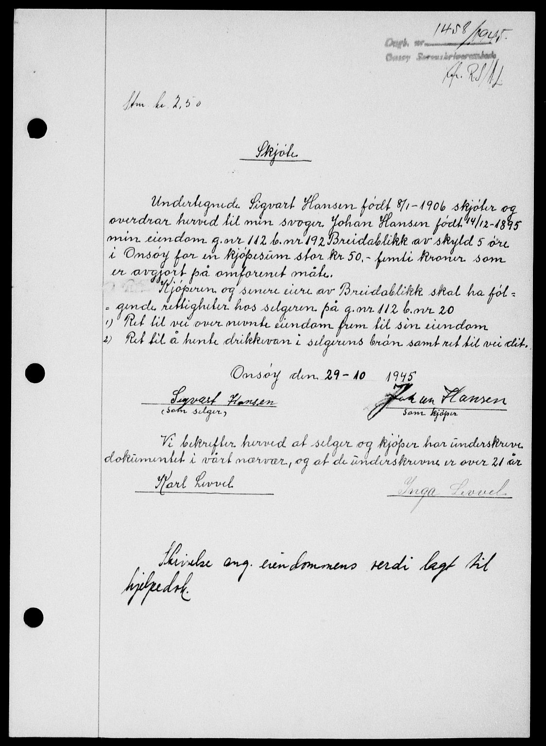Onsøy sorenskriveri, SAO/A-10474/G/Ga/Gab/L0015: Mortgage book no. II A-15, 1945-1946, Diary no: : 1458/1945