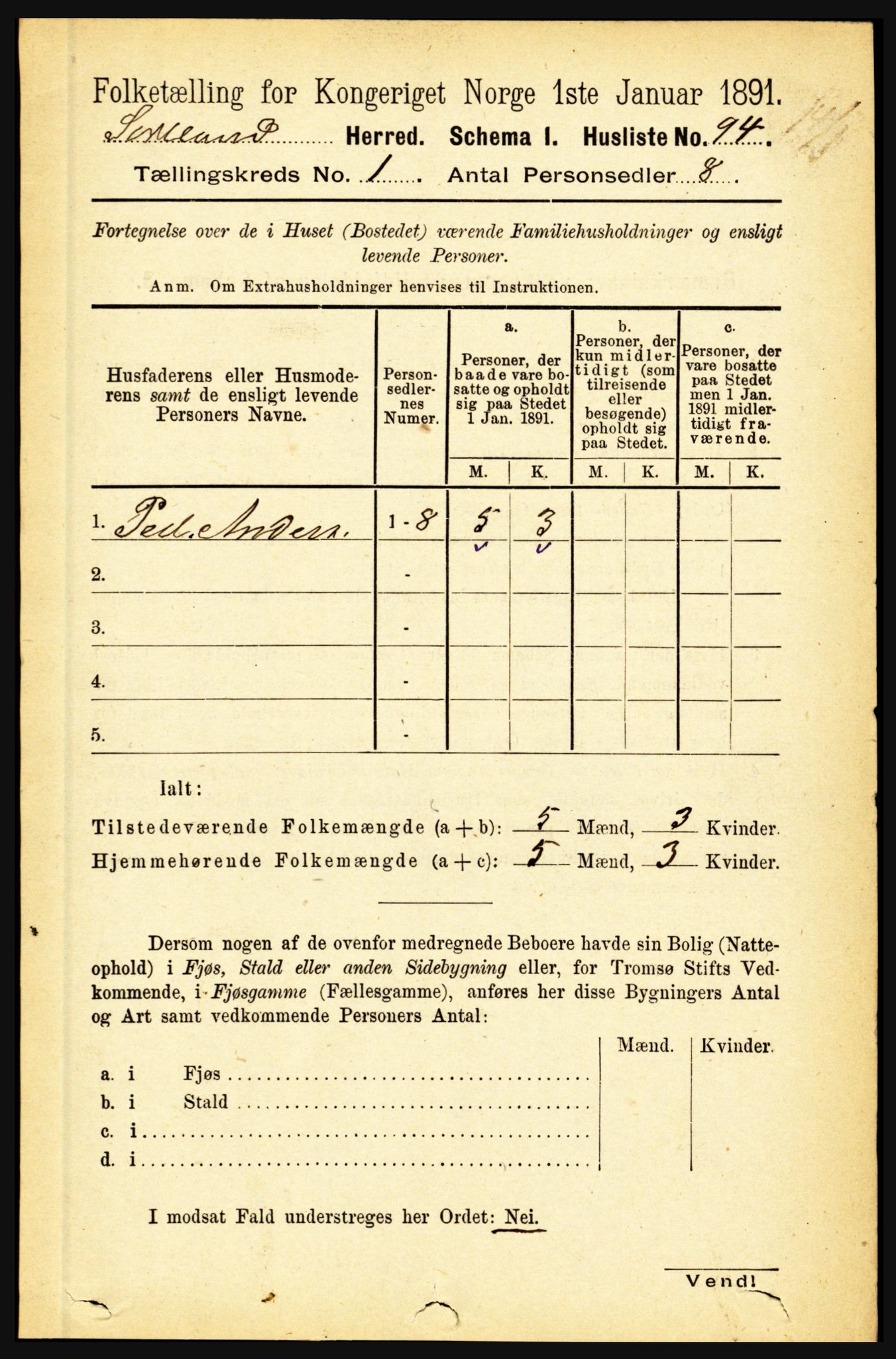 RA, 1891 census for 1870 Sortland, 1891, p. 111
