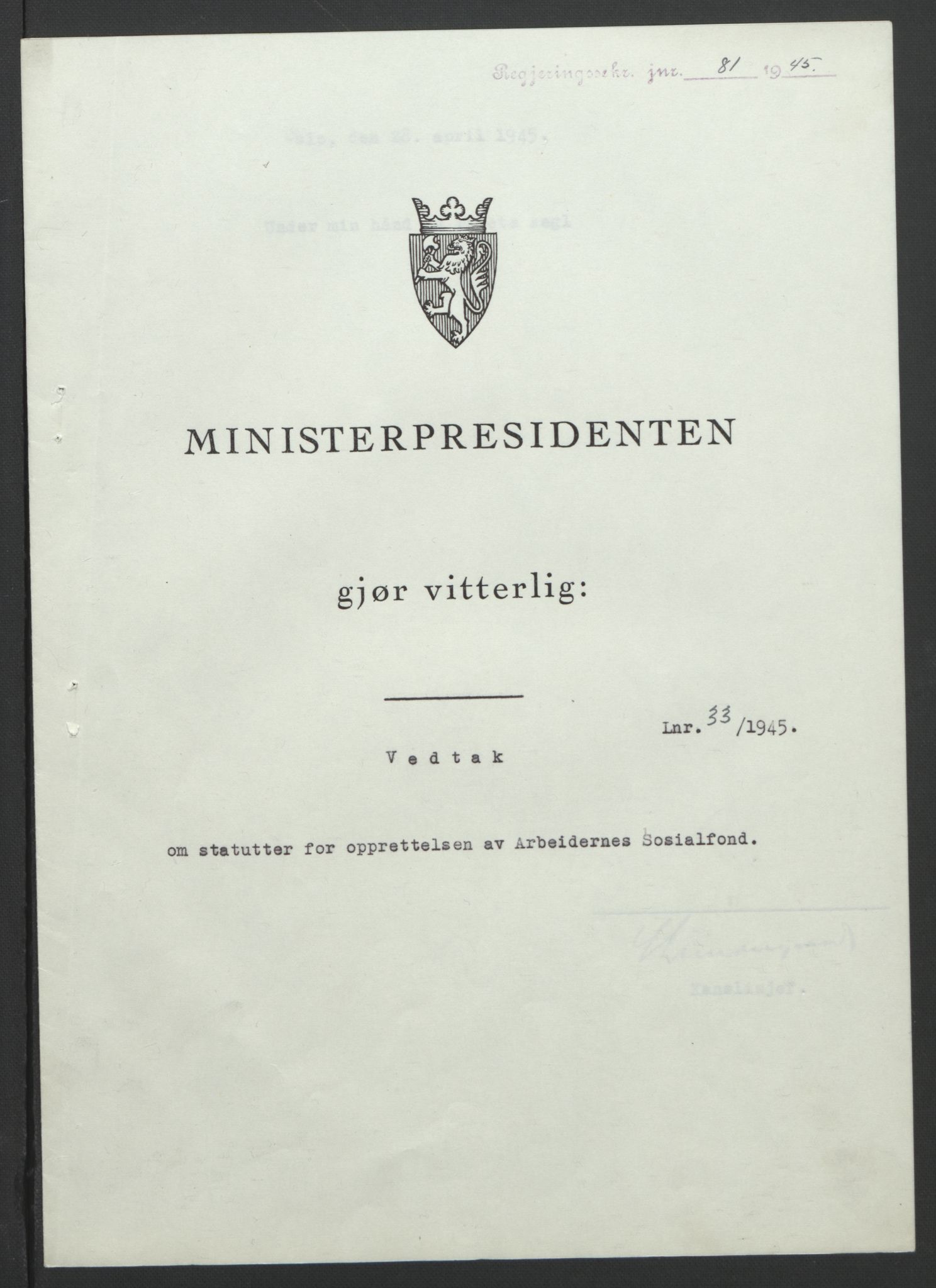 NS-administrasjonen 1940-1945 (Statsrådsekretariatet, de kommisariske statsråder mm), RA/S-4279/D/Db/L0101/0001: -- / Lover og vedtak, 1945, p. 253