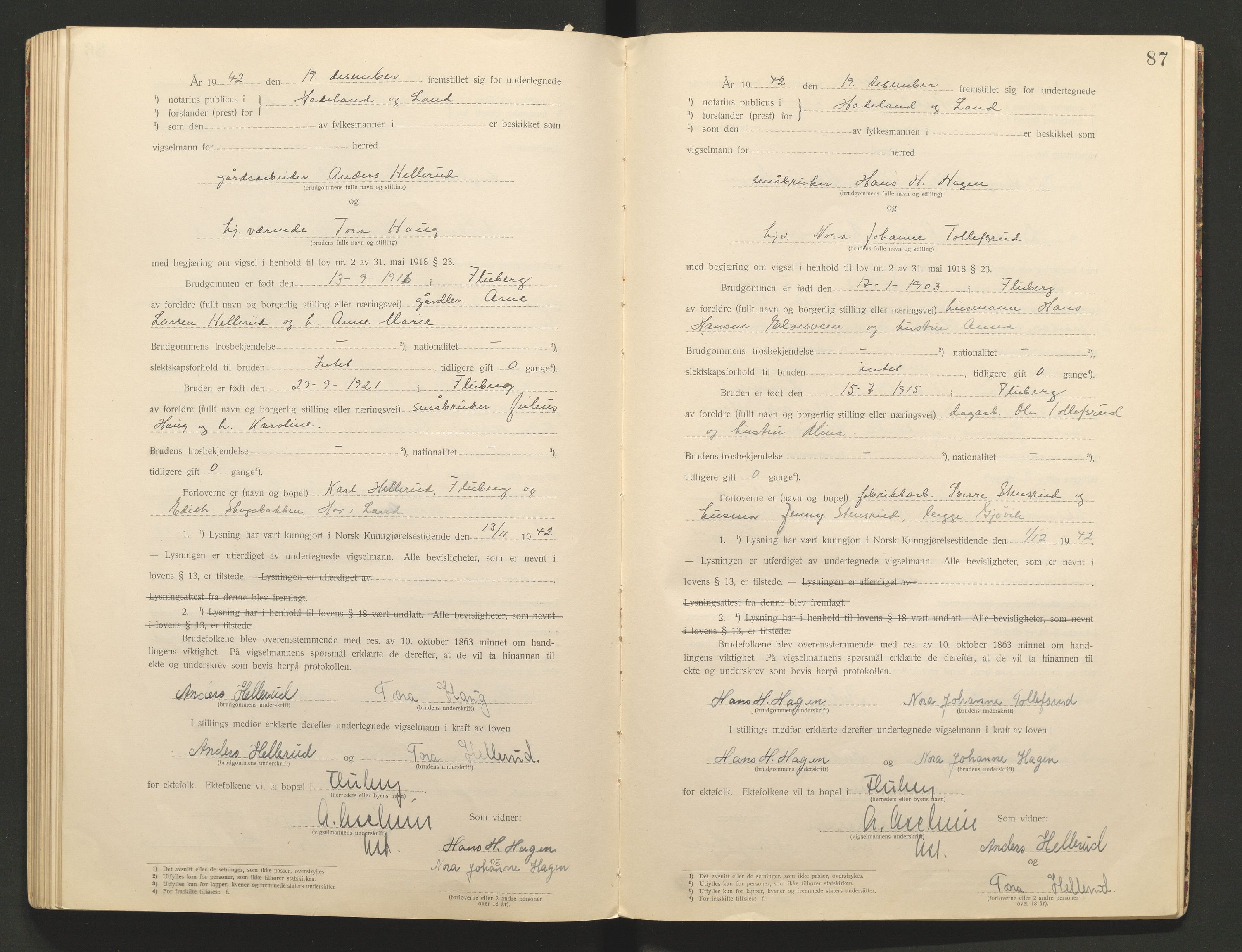 Hadeland og Land tingrett, AV/SAH-TING-010/L/Lb/L0001: Vigselbok, 1920-1943, p. 87