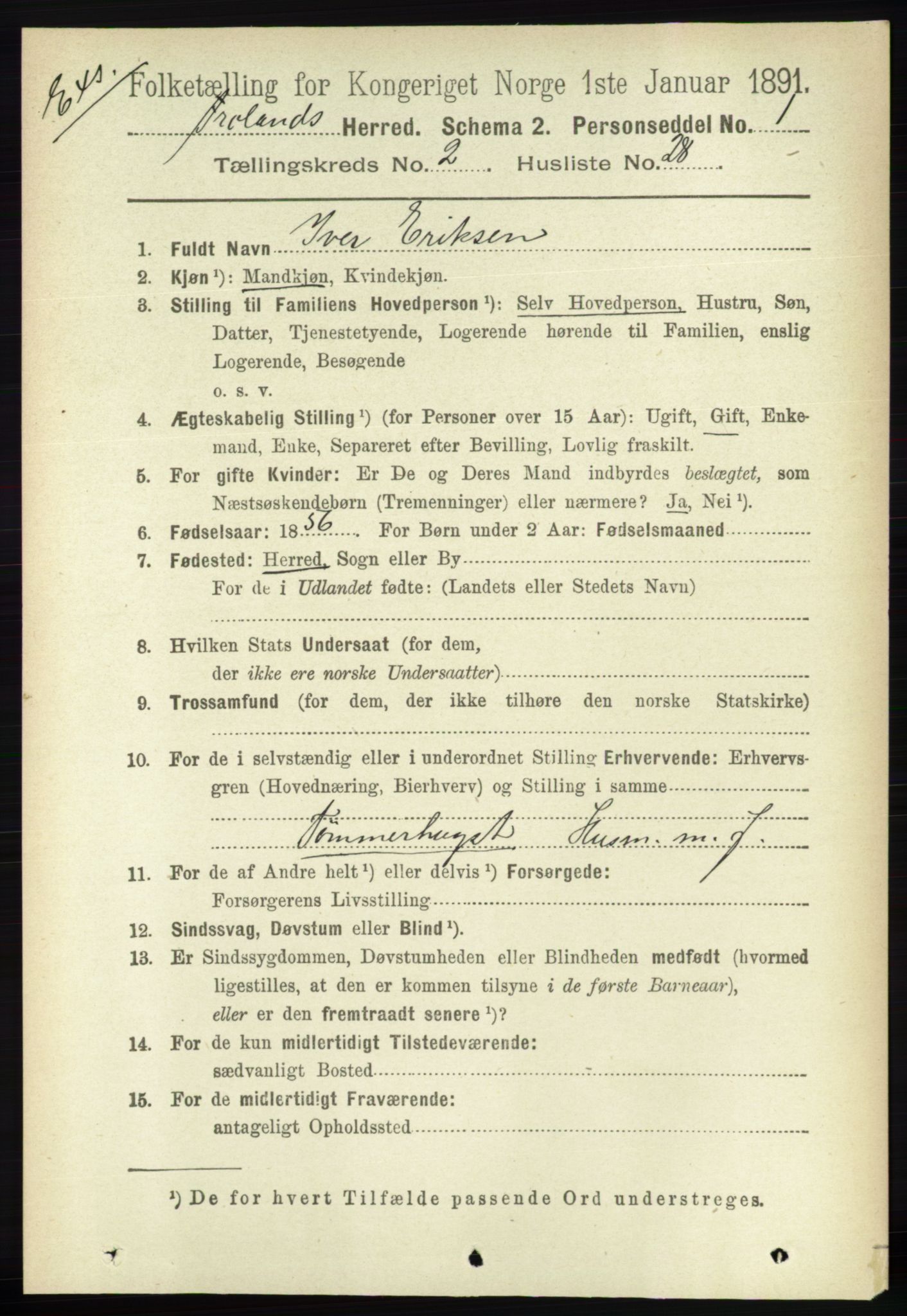 RA, Census 1891 for Nedenes amt: Gjenparter av personsedler for beslektede ektefeller, menn, 1891, p. 432