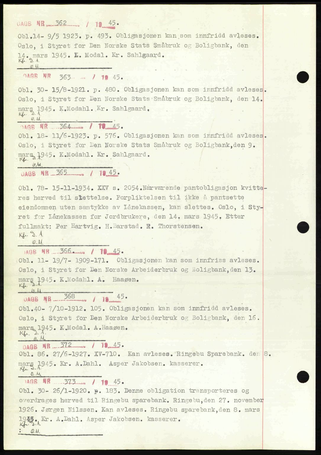 Sør-Gudbrandsdal tingrett, SAH/TING-004/H/Hb/Hbf/L0002: Mortgage book no. C1, 1938-1951, Diary no: : 362/1945
