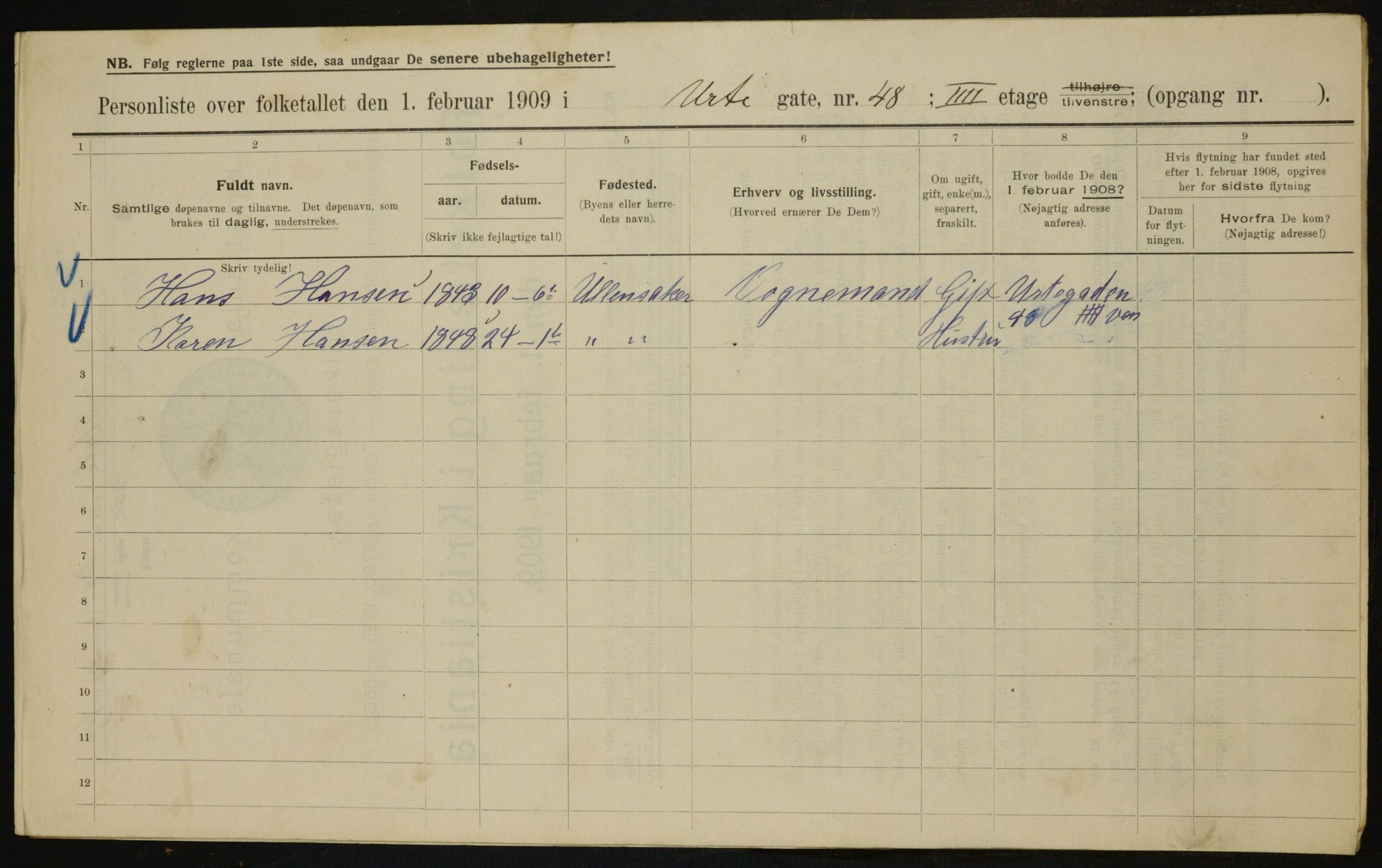 OBA, Municipal Census 1909 for Kristiania, 1909, p. 110058