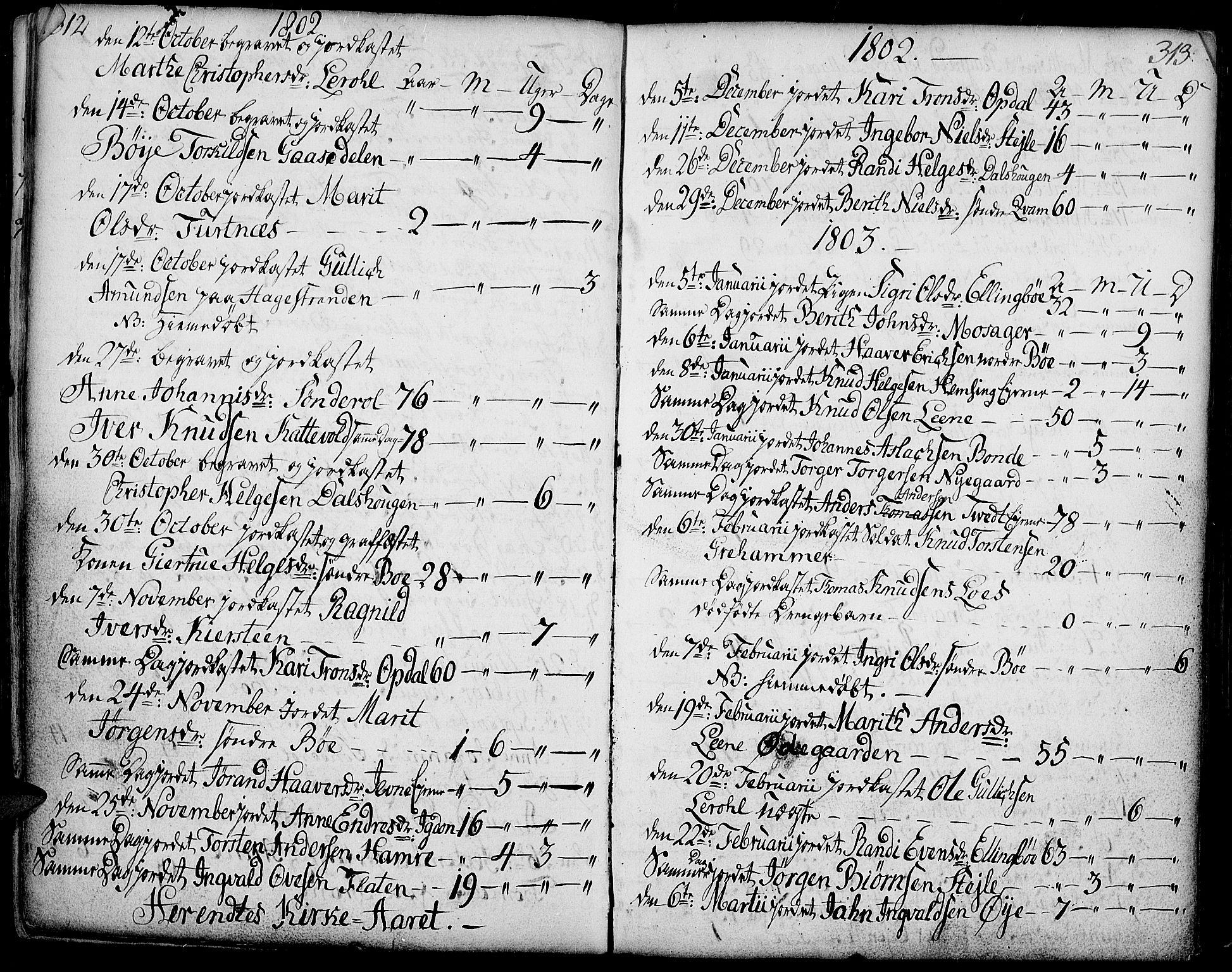 Vang prestekontor, Valdres, SAH/PREST-140/H/Ha/L0002: Parish register (official) no. 2, 1796-1808, p. 312-313
