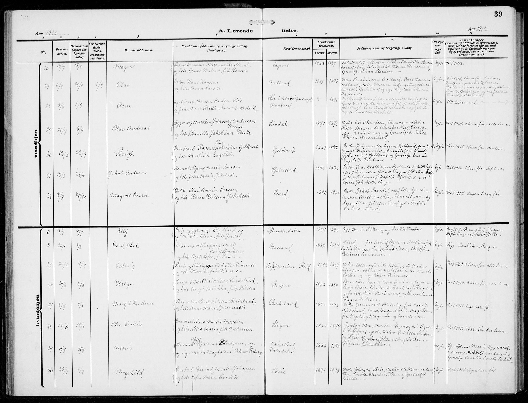 Fana Sokneprestembete, AV/SAB-A-75101/H/Hab/Haba/L0005: Parish register (copy) no. A 5, 1911-1932, p. 39