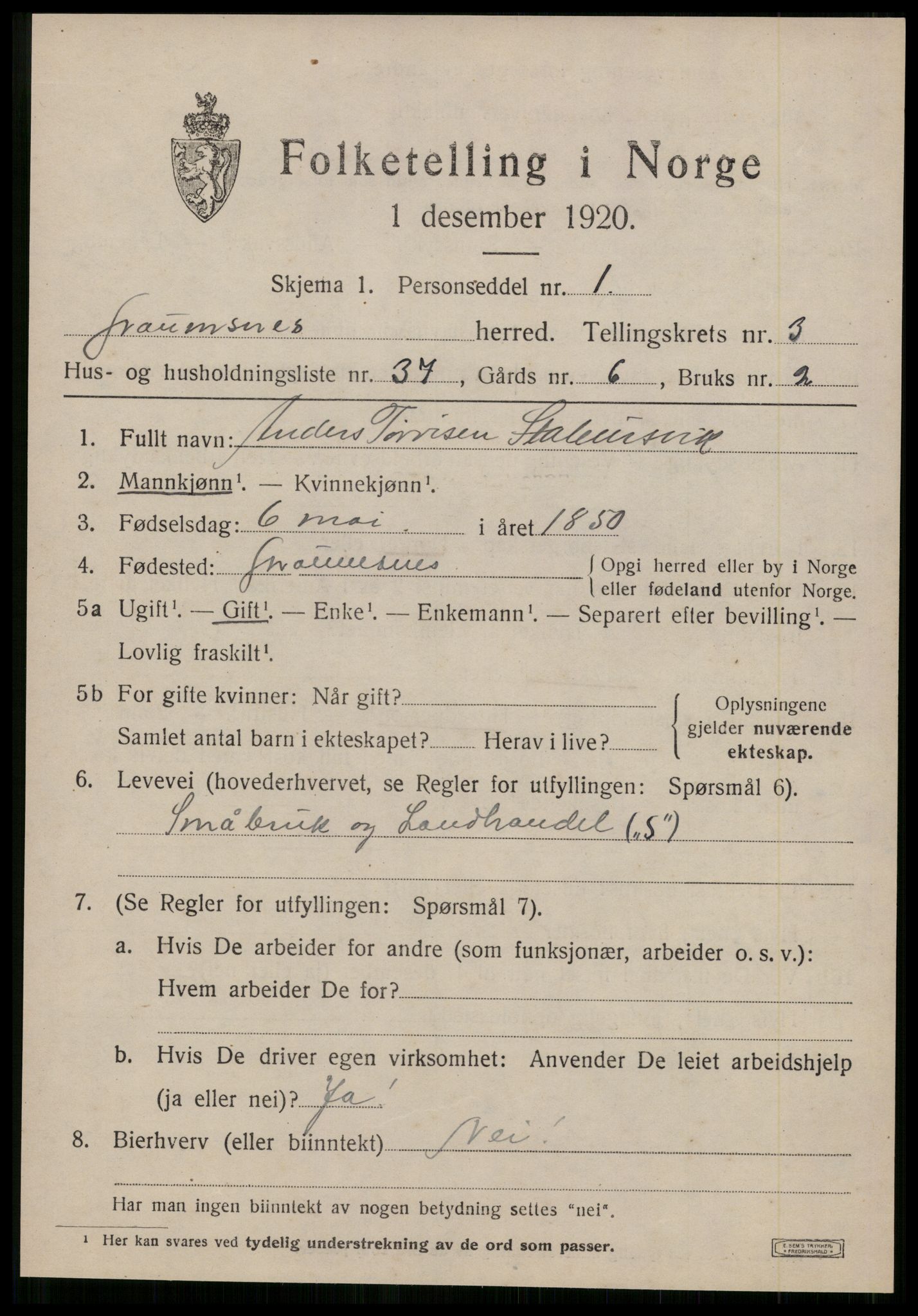 SAT, 1920 census for Straumsnes, 1920, p. 1527