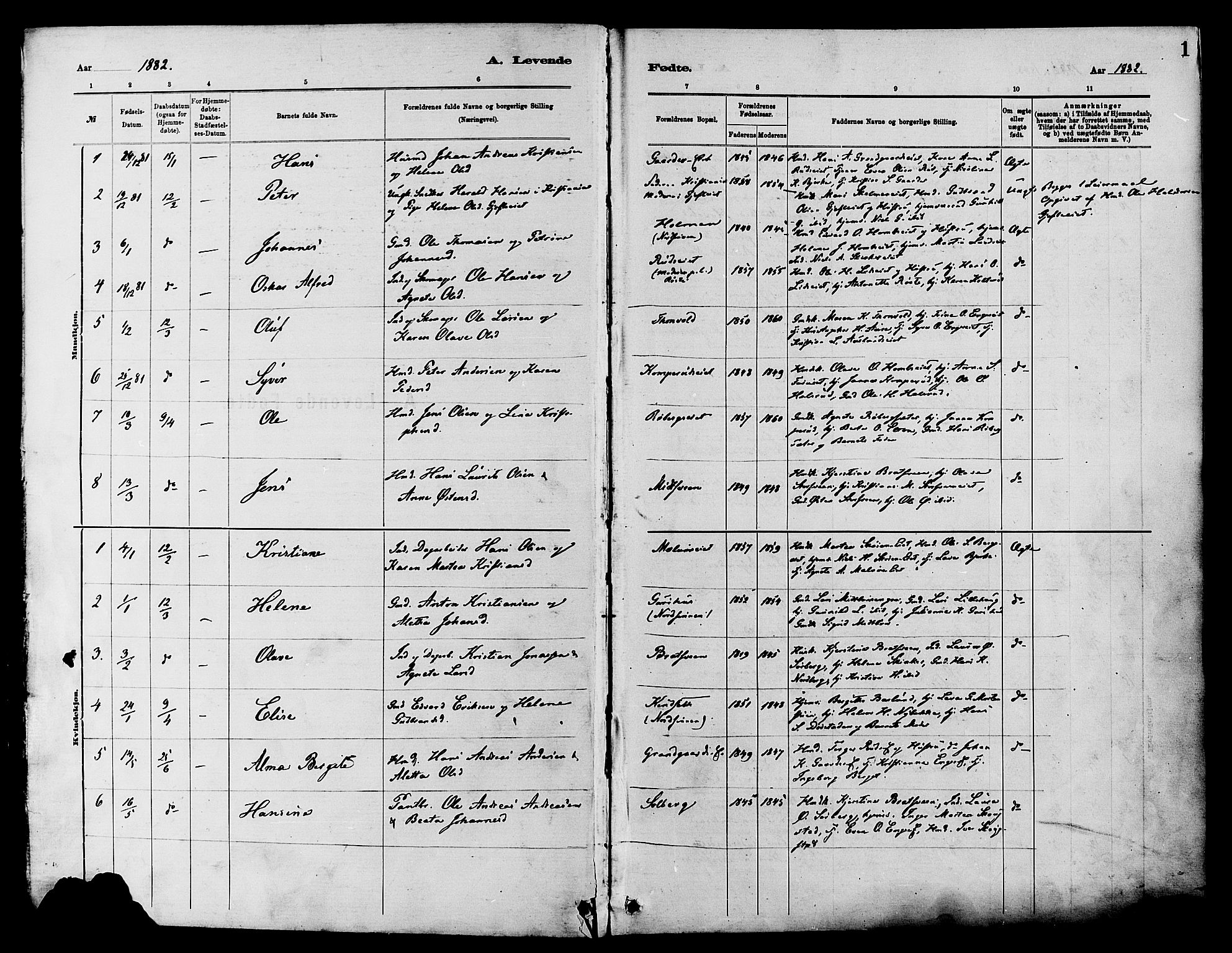 Nordre Land prestekontor, AV/SAH-PREST-124/H/Ha/Haa/L0003: Parish register (official) no. 3, 1882-1896, p. 1