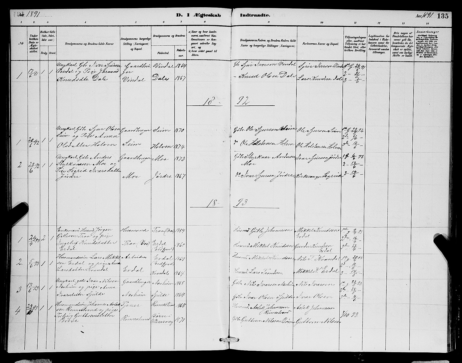 Ulvik sokneprestembete, SAB/A-78801/H/Hab: Parish register (copy) no. B 3, 1884-1901, p. 135