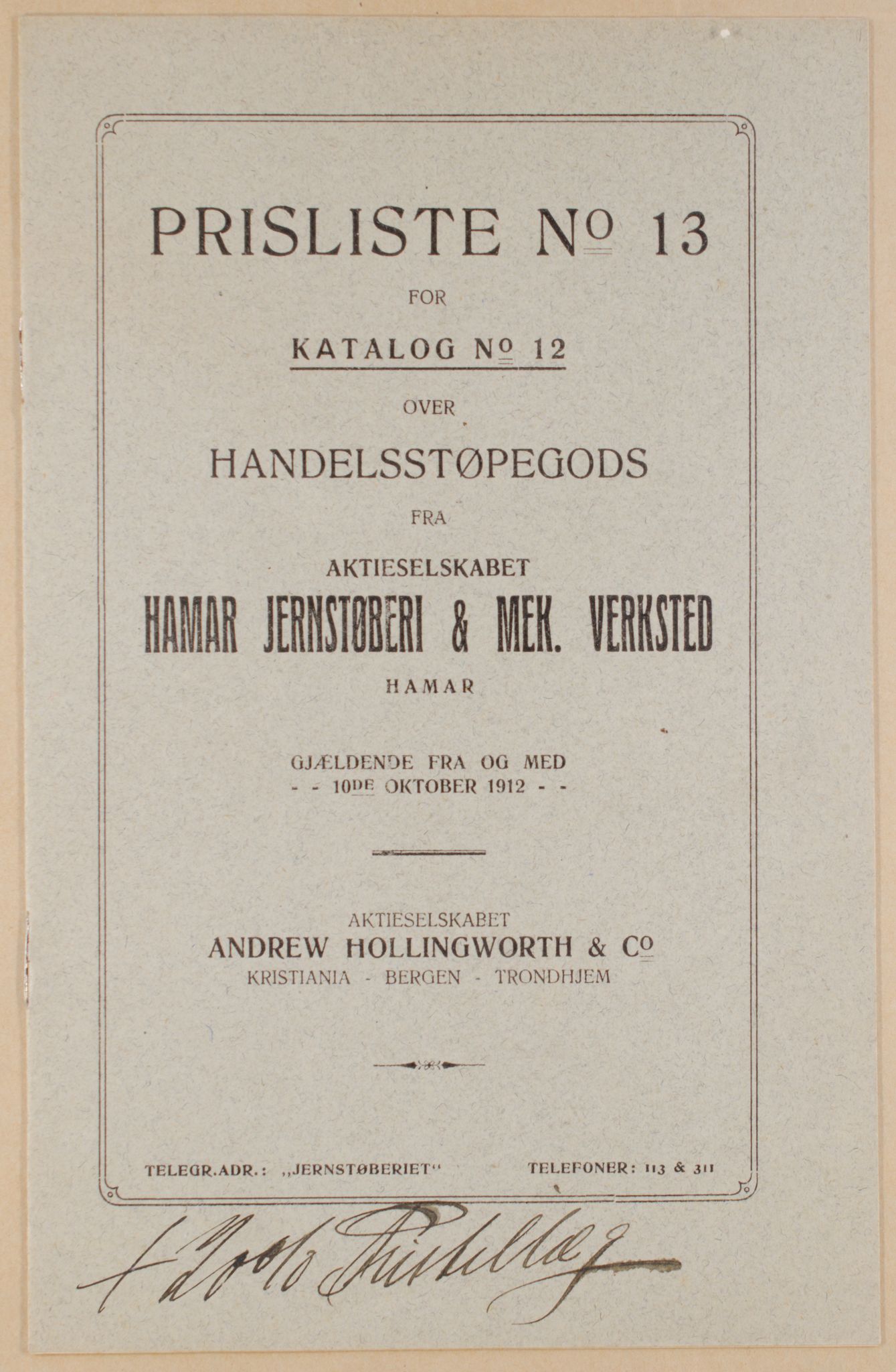 Næs Jernverksmuseets samling av historiske ovnskataloger, NESJ/NJM-006/01/L0011: Hamar Jernstøberi & Mek. Versted, Katalog nr. 12, Prisliste nr. 13, 1914