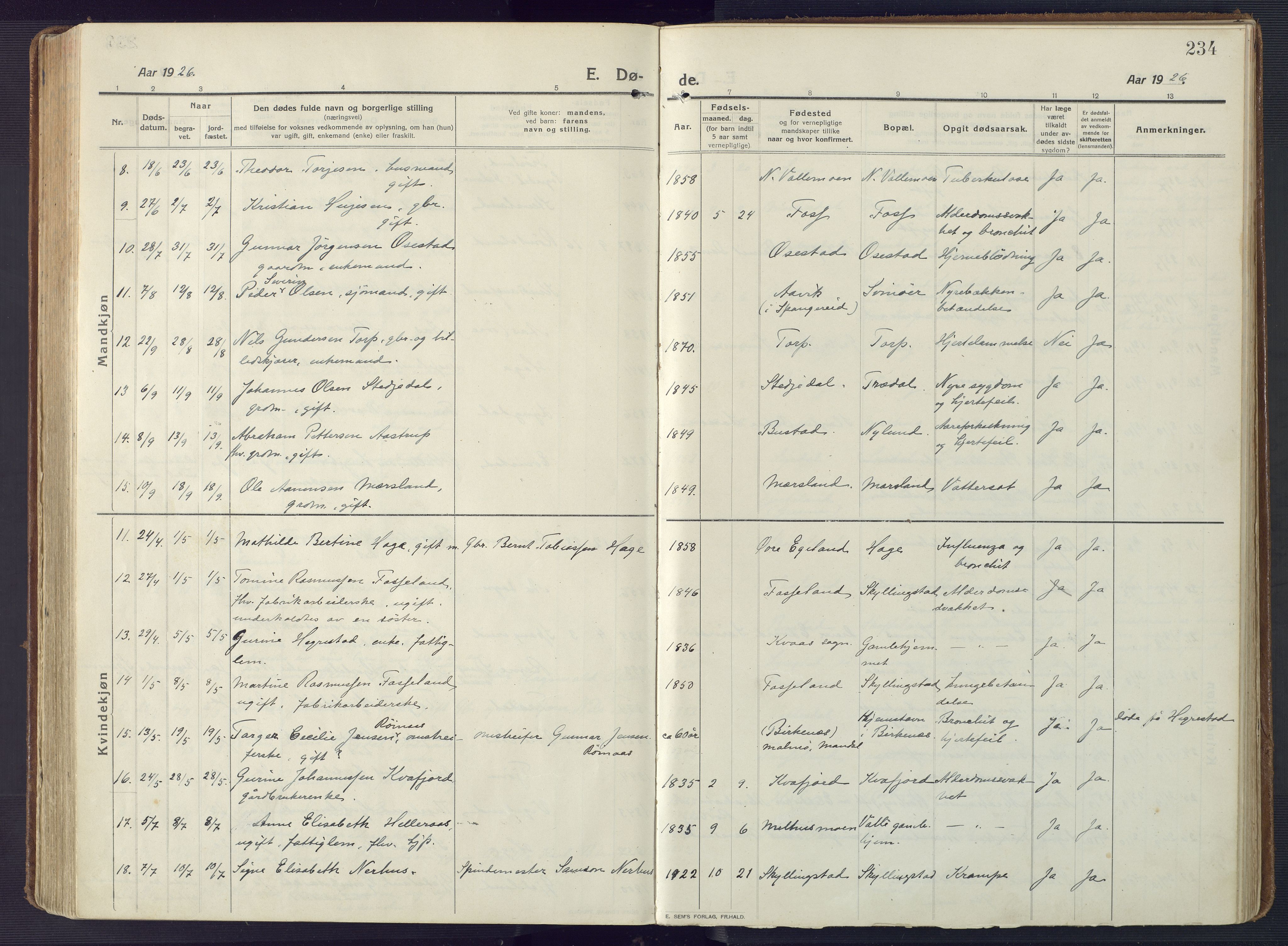 Sør-Audnedal sokneprestkontor, AV/SAK-1111-0039/F/Fa/Fab/L0011: Parish register (official) no. A 11, 1912-1938, p. 234