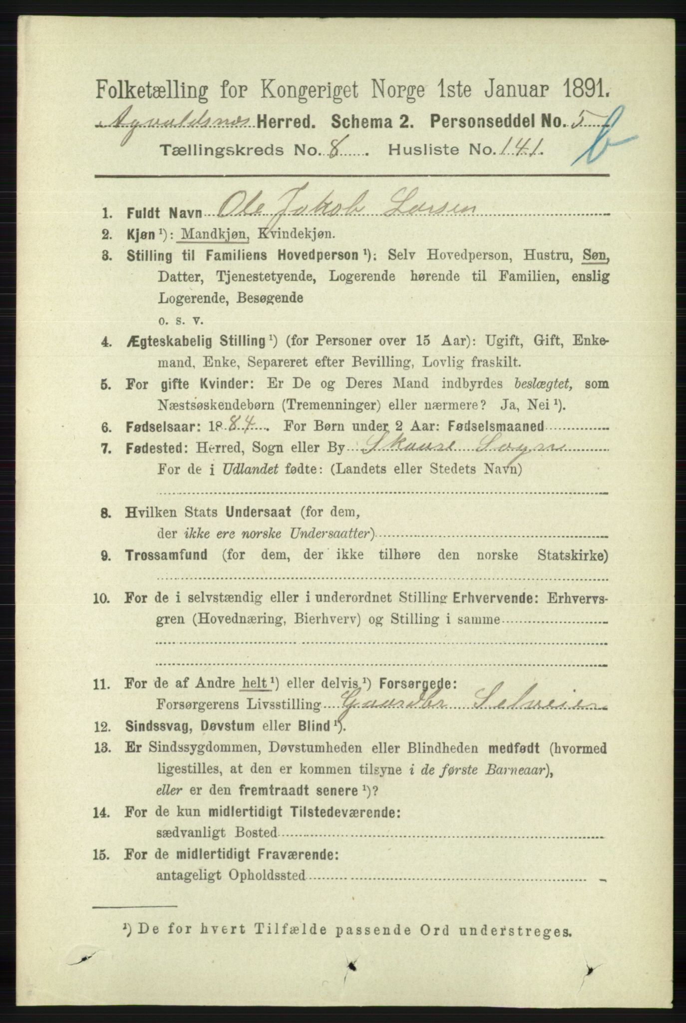 RA, 1891 census for 1147 Avaldsnes, 1891, p. 4886