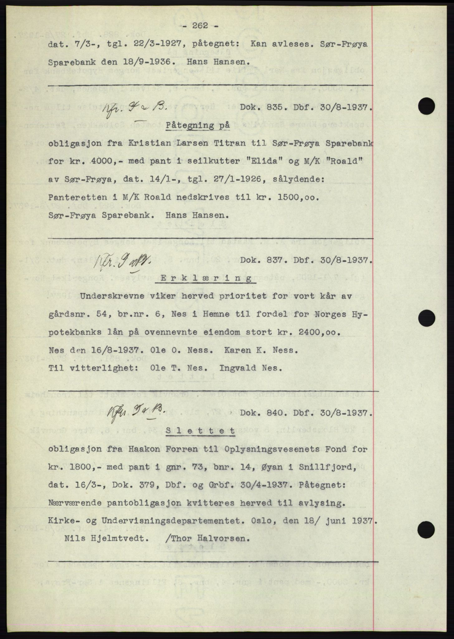 Hitra sorenskriveri, AV/SAT-A-0018/2/2C/2Ca: Mortgage book no. C1, 1936-1945, Diary no: : 835/1937