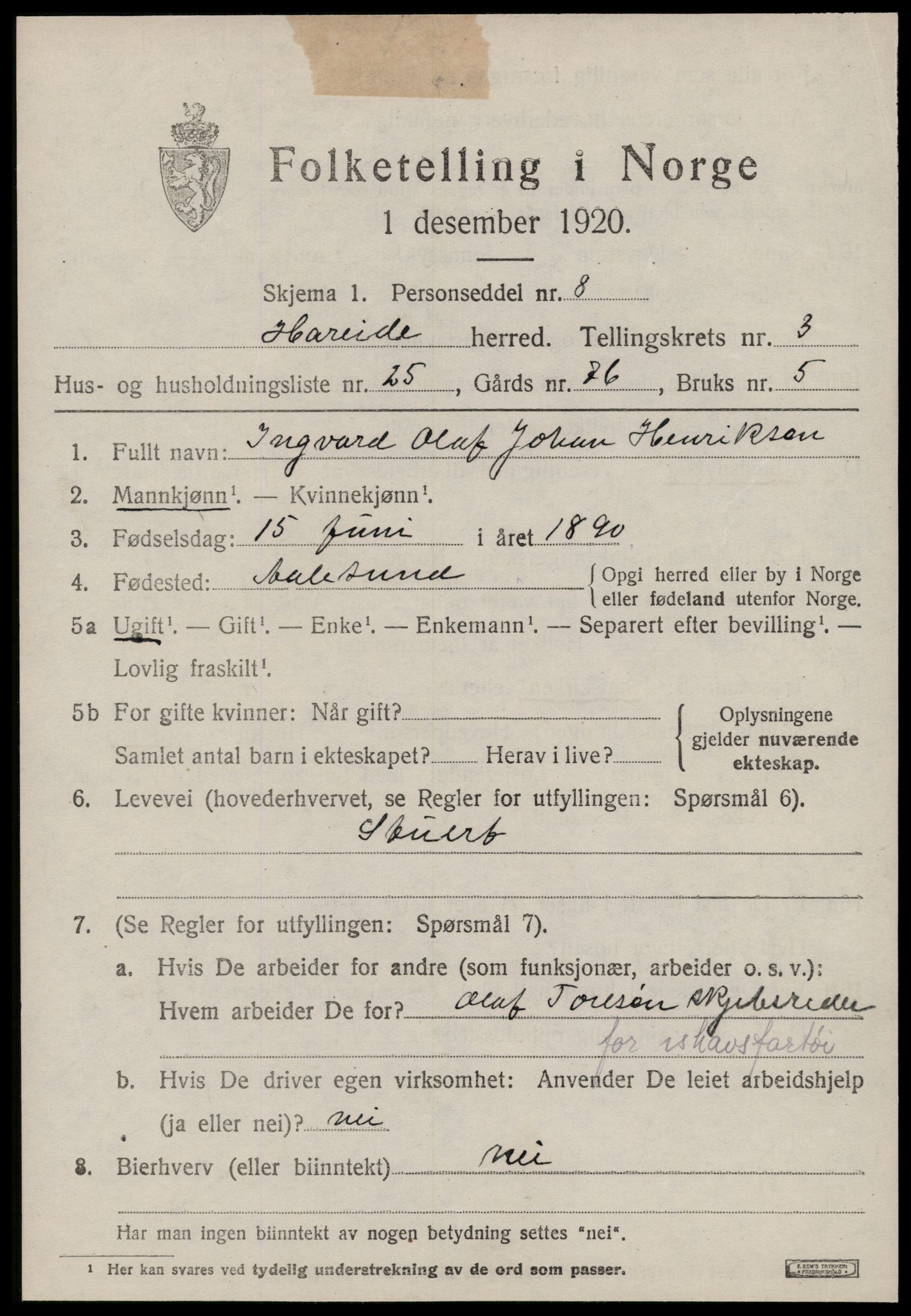 SAT, 1920 census for Hareid, 1920, p. 1683