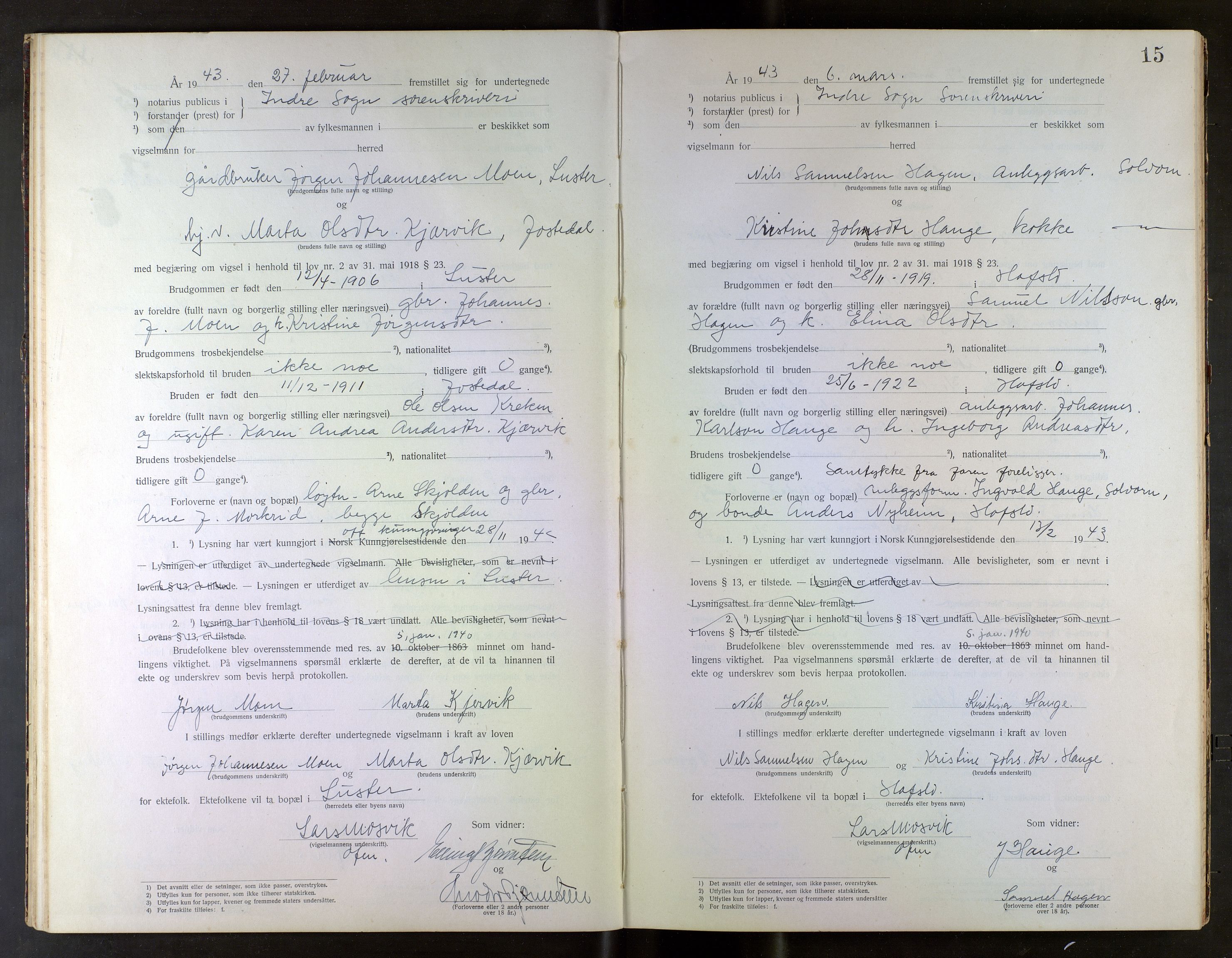 Indre Sogn tingrett, AV/SAB-A-3301/1/L/La/Laa/L0001: Vigselsbok Indre Sogn, 1938-1967, p. 15