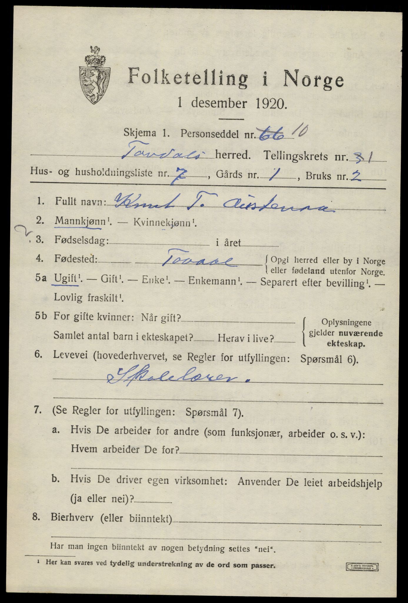 SAK, 1920 census for Tovdal, 1920, p. 275