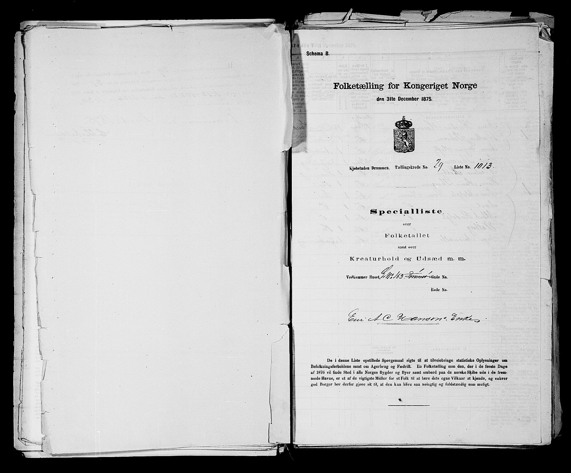 SAKO, 1875 census for 0602 Drammen, 1875, p. 2727