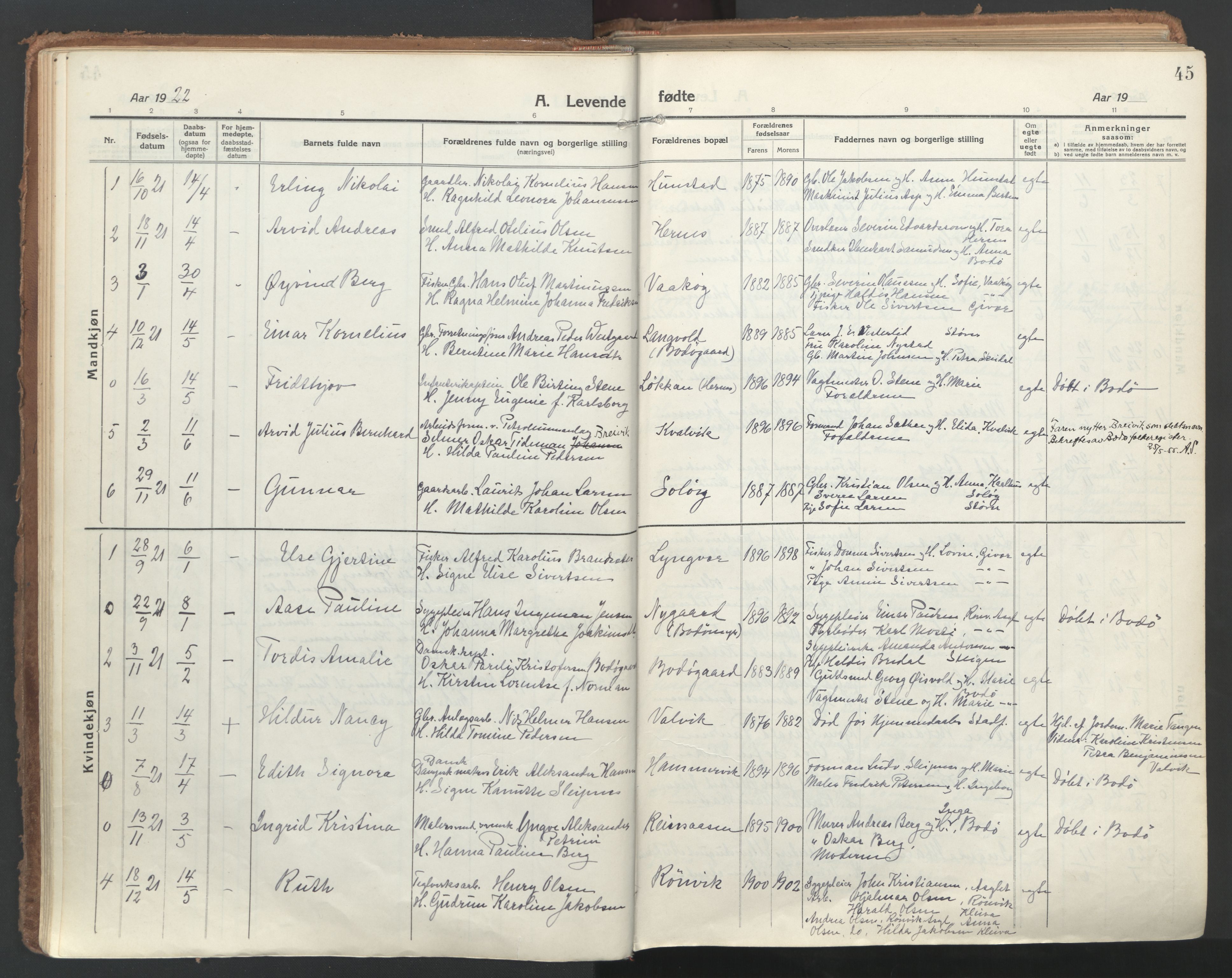 Ministerialprotokoller, klokkerbøker og fødselsregistre - Nordland, SAT/A-1459/802/L0060: Parish register (official) no. 802A07, 1916-1933, p. 45